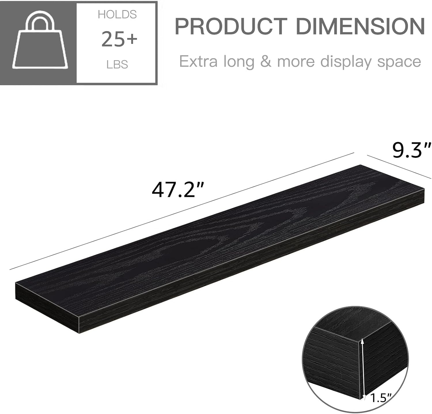 Detalle de QEEIG mounted-bathroom-shelves Floating Shelves, Black, 47.2-Inch Set of 2
