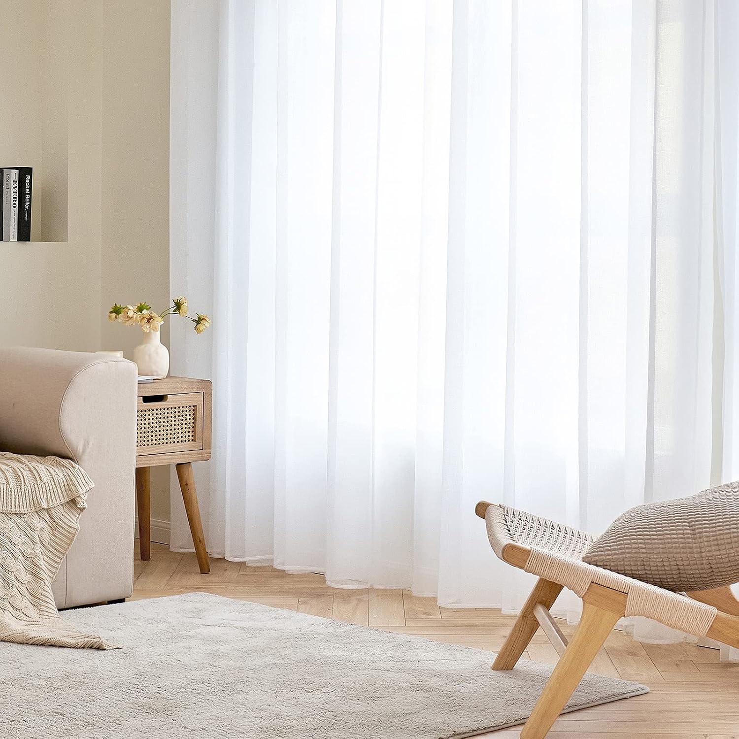 Detalle de EMEMA 2er-Set Sheer-Voile-Schiebegardinen mit Ösen, transparent, 140 x 225 cm, weiß