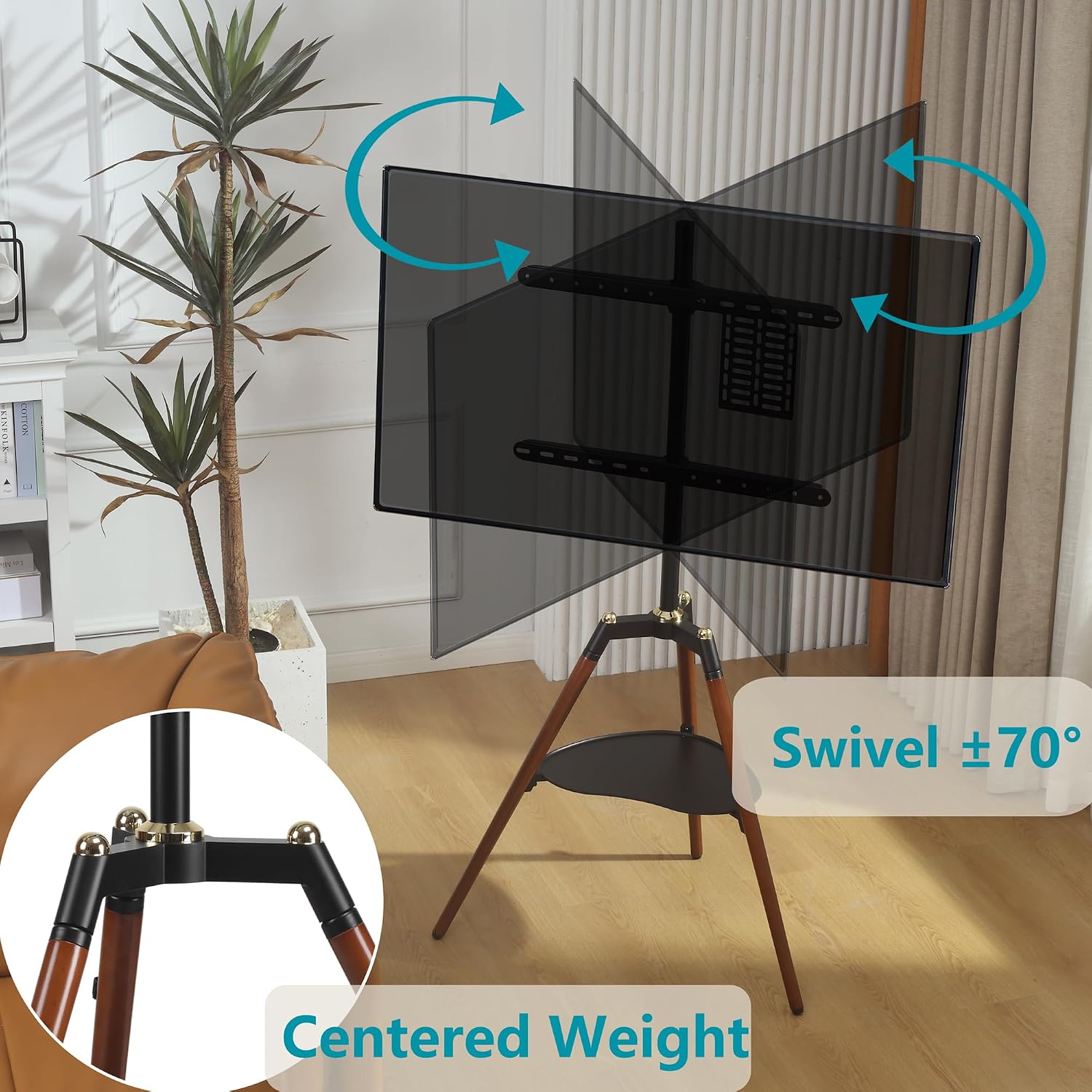 Thumbnail 2 de ETHU Tripod TV-Ständer aus Holz mit Schwenkfunktion und Medienablage (VESA bis 600×400 mm) für 32–65 Zoll
