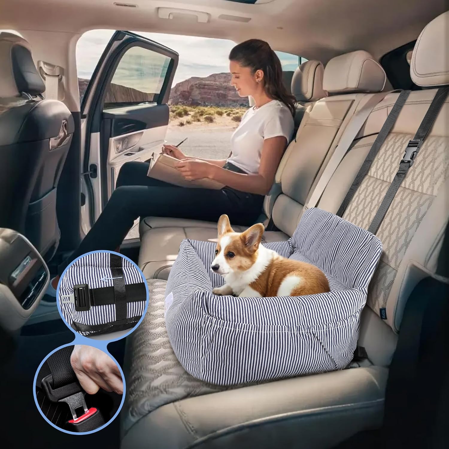 Thumbnail 6 de CALIYO Hundeautositz mit stabiler Basis, Sicherheitsgurt & Memory-Foamauflage (blau/weiß) – für Hunde bis 10 kg
