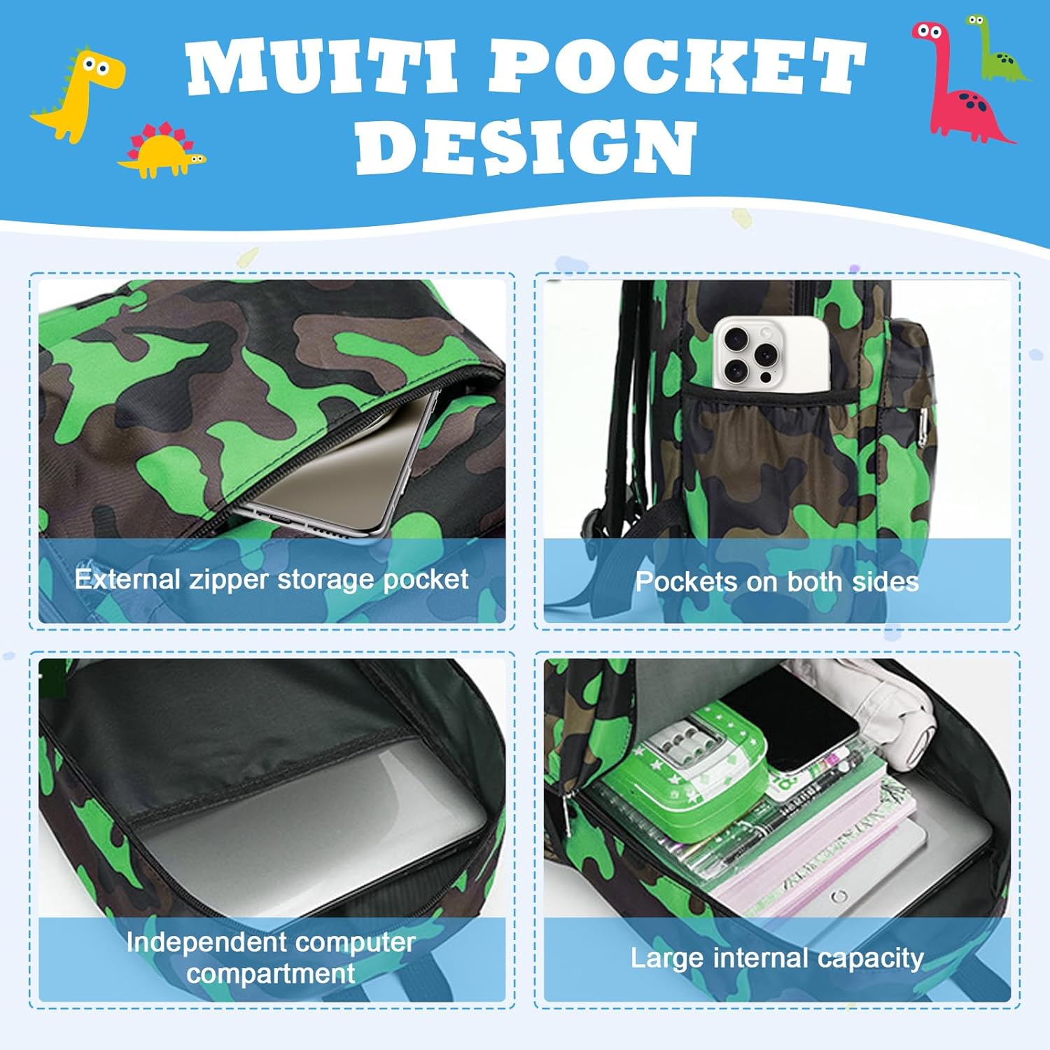 Thumbnail 3 de Zaino mimetico Aucuu per bambini 3-7 anni, 27 x 14 x 38 cm con tasche e spallacci regolabili