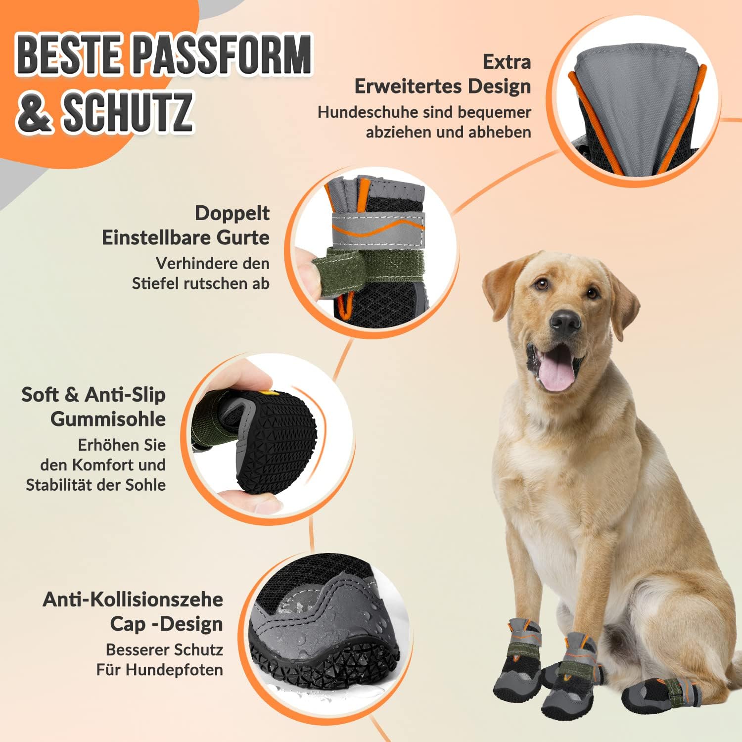 Thumbnail 4 de SlowTon Hundeschuhe Pfotenschutz (4 Stück) – atmungsaktiv, rutschfeste Sohle, verstellbarer reflektierender Klettverschluss