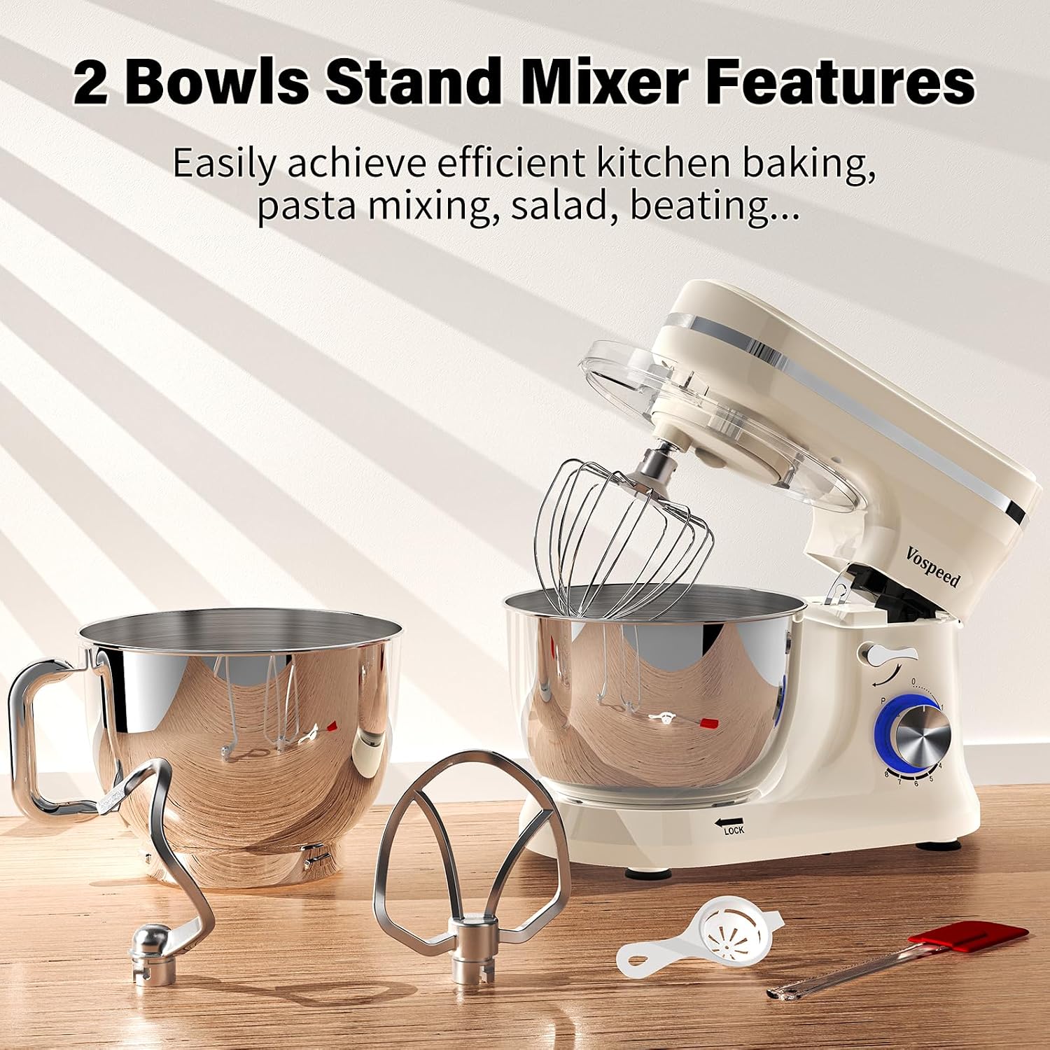 Detalle de Vospeed Stand Mixer 4.5L + 5L Bowls, 1000W Tilt-Head with Dough Hook, Whisk, Beater and Splash Guard – Cream White