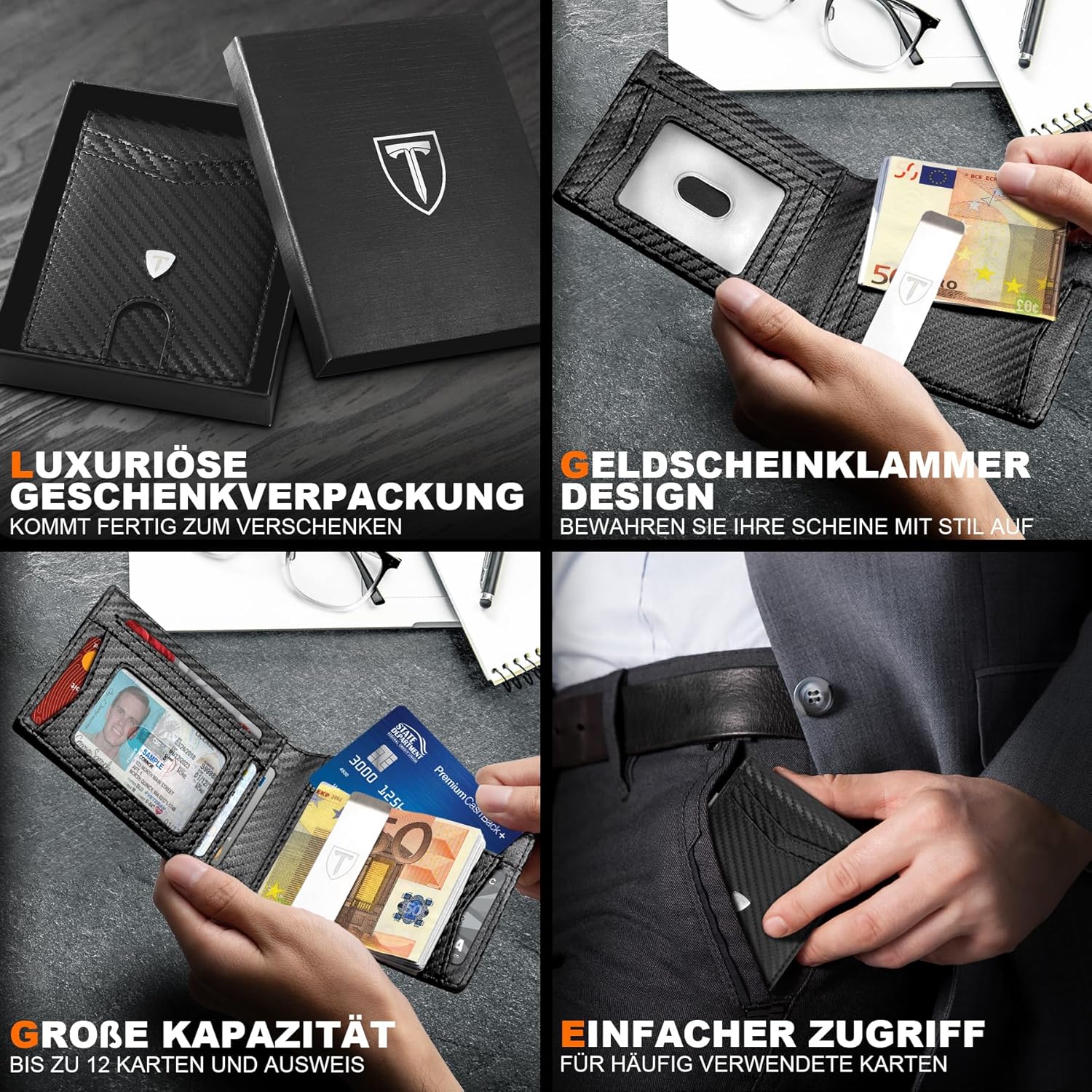 Detalle de TEEHON Geldbörse Herren Slim Wallet RFID Blocking aus Carbonfaserleder – 11 Karten, Ausweisfenster, Geldscheinklammer