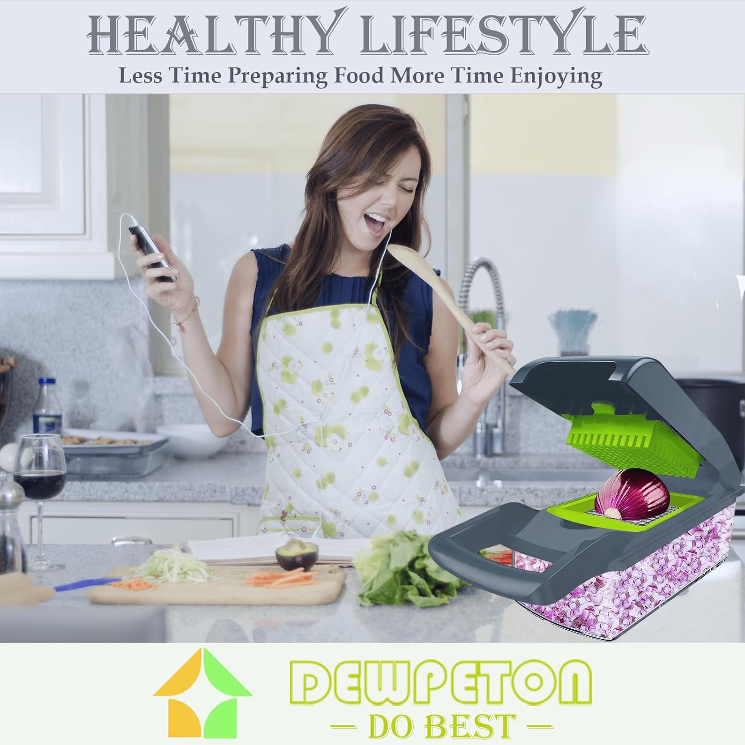 Detalle de Dewpeton Vegetable Chopper Dicer with Container – 2-in-1 Grater/Slicer with 1.5L Tray