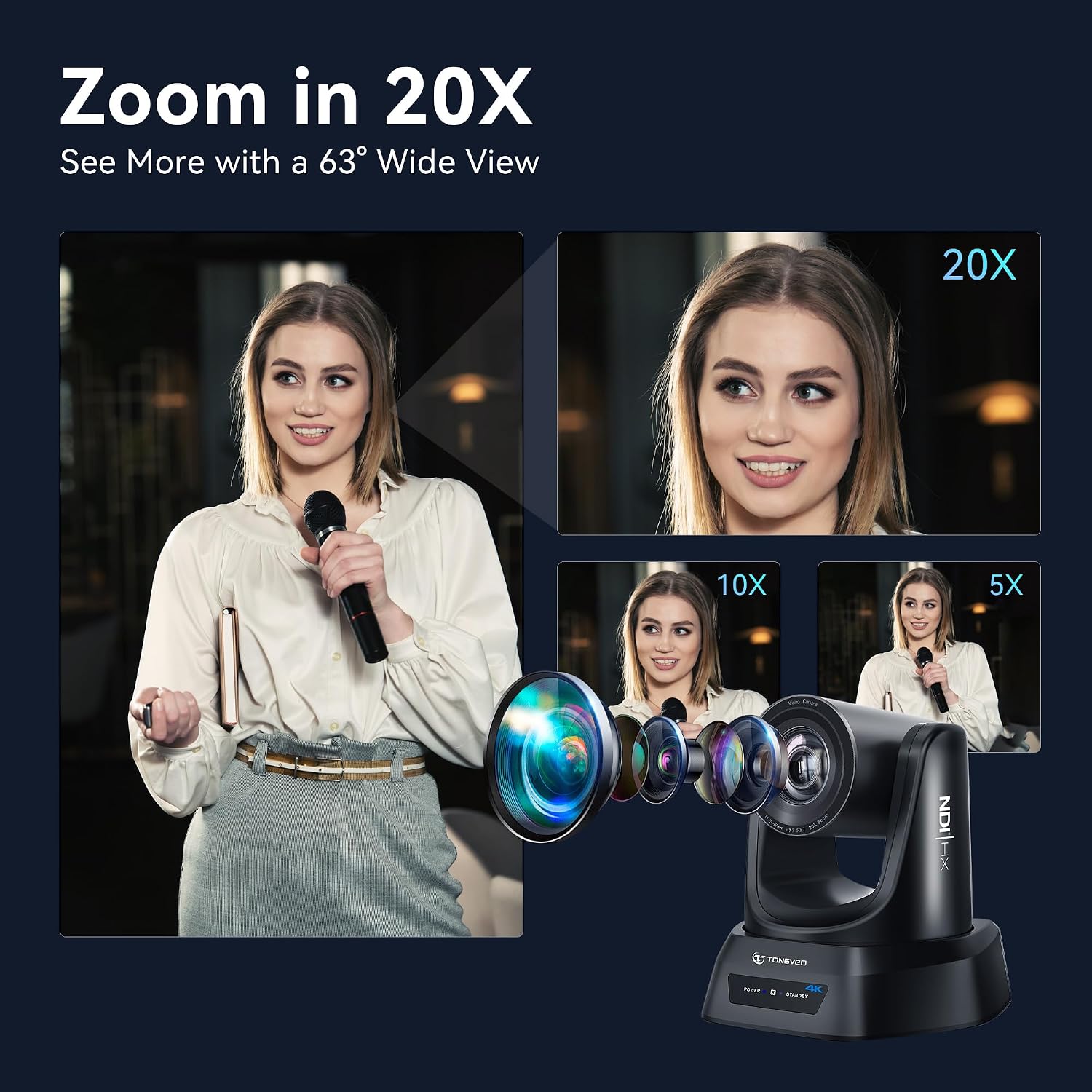 Thumbnail 4 de TONGVEO 4K NDI PTZ Camera with AI Auto-Tracking and 20X Optical Zoom