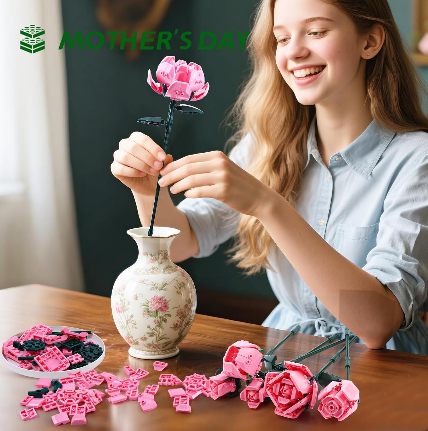Detalle 2 de SIENON Pink Rose Flower Building Set – 10 Roses + 2 Leaves (Botanical Collection)