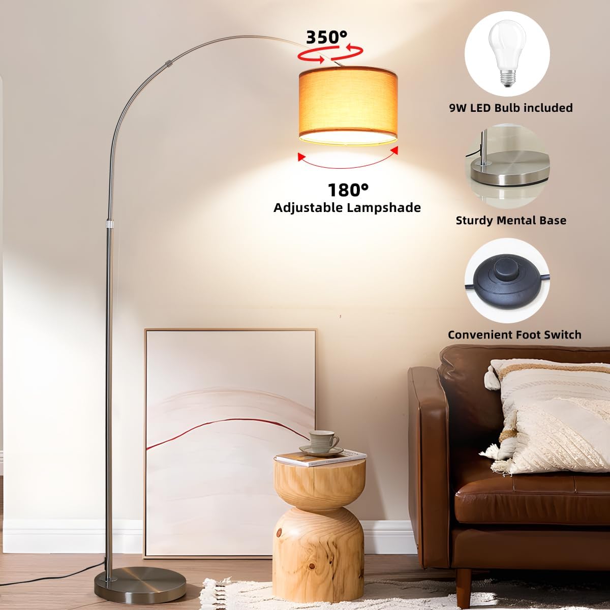 Thumbnail 6 de ANTENLICHT LUNA Bogenlampe Vintage – Bogen-Stehlampe mit Leinen-Schirm, Fußschalter & E27 (3000K)