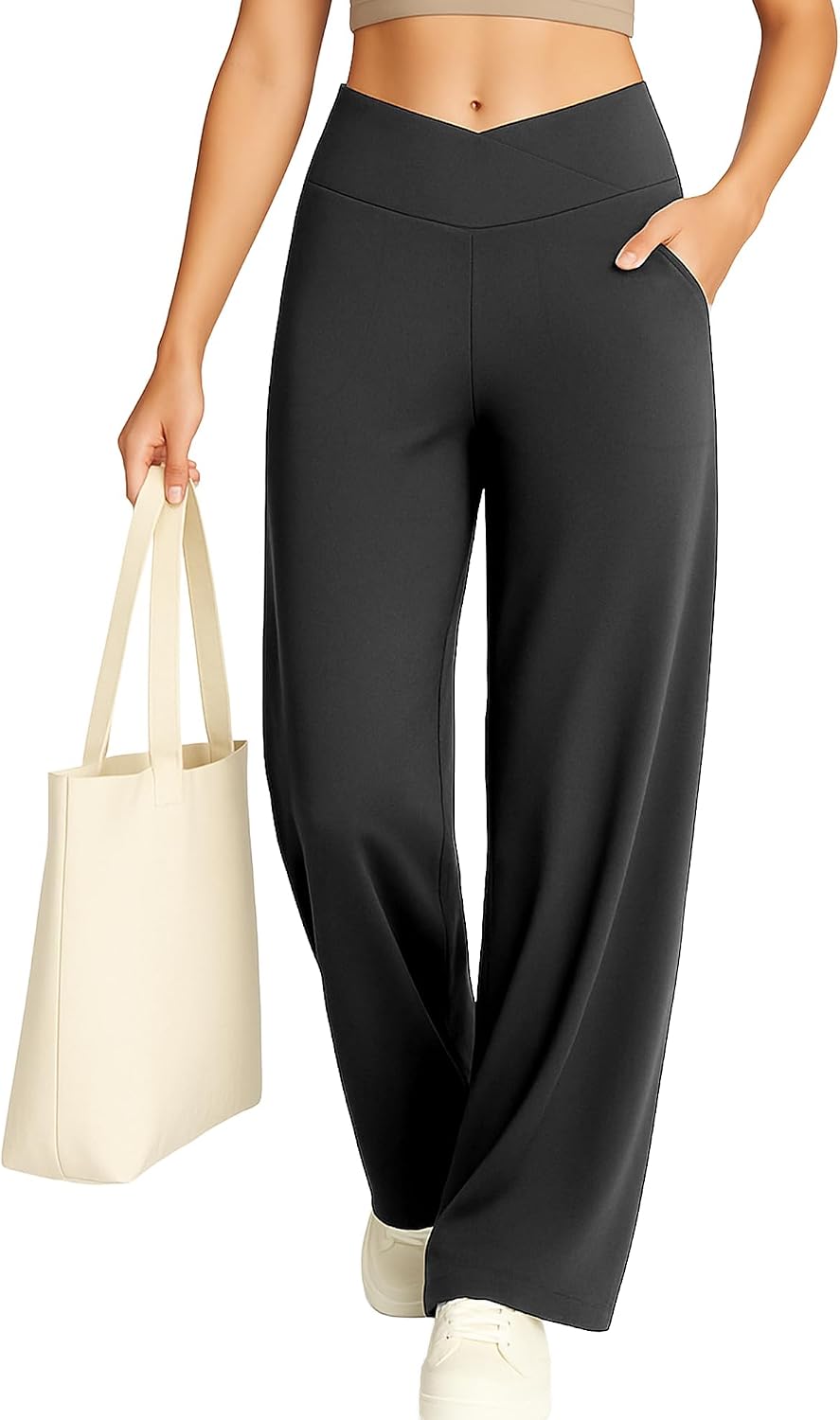 Detalle de Yogaration pantaloni yoga da donna a gamba lunga, vita alta incrociata con tasche