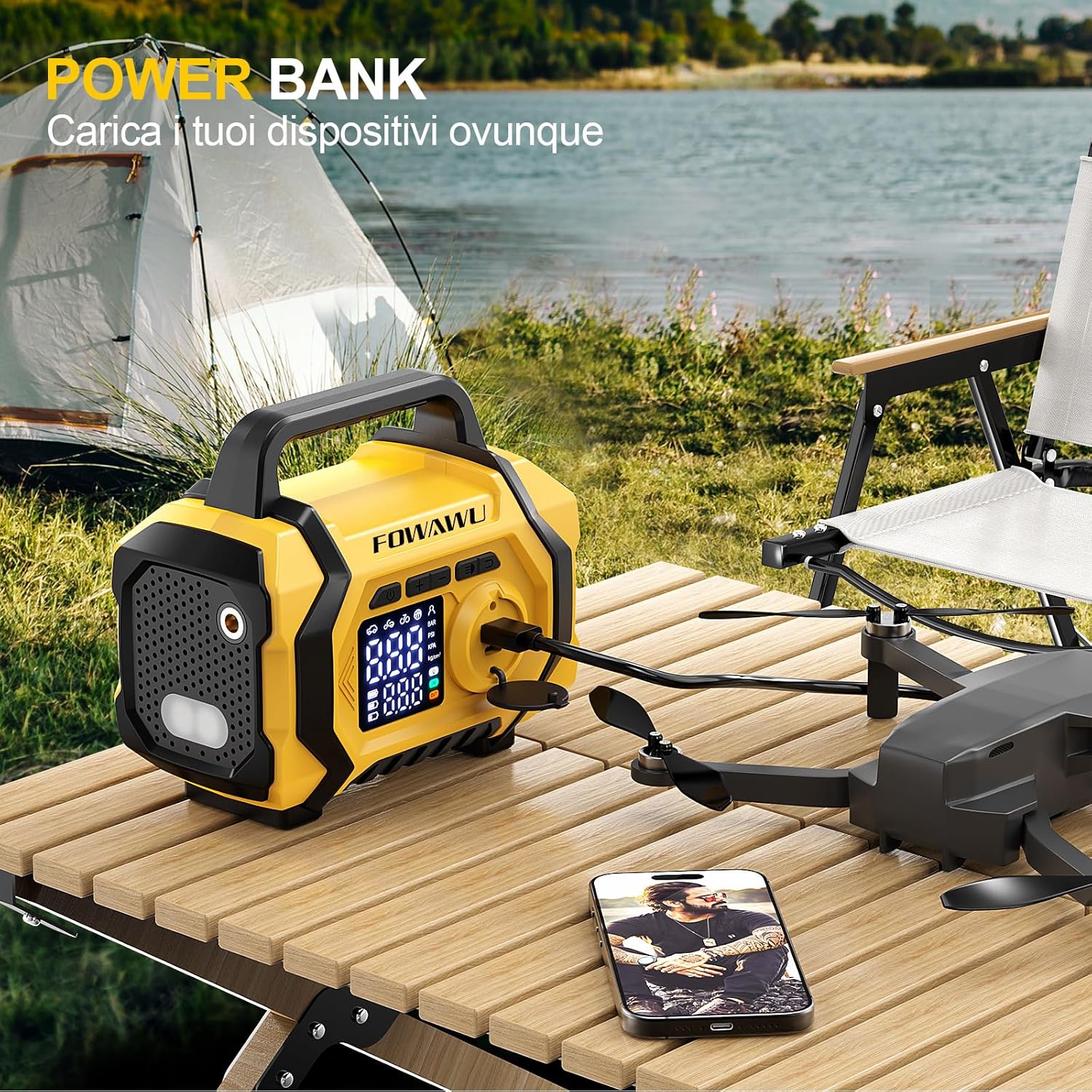 Detalle de FOWAWU Avviatore Batteria Auto con Compressore 9 in 1 – 8000A, 26800mAh, 150 psi