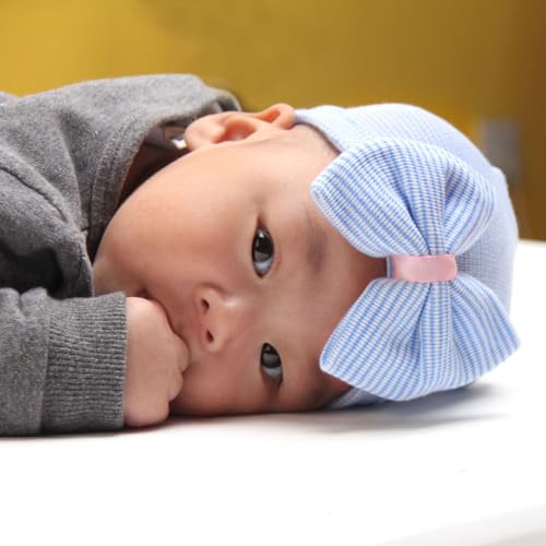 Detalle de Malaxlx 3 Pack Newborn Hat with Bow – Soft Cotton Baby Beanie (0–3 Months)