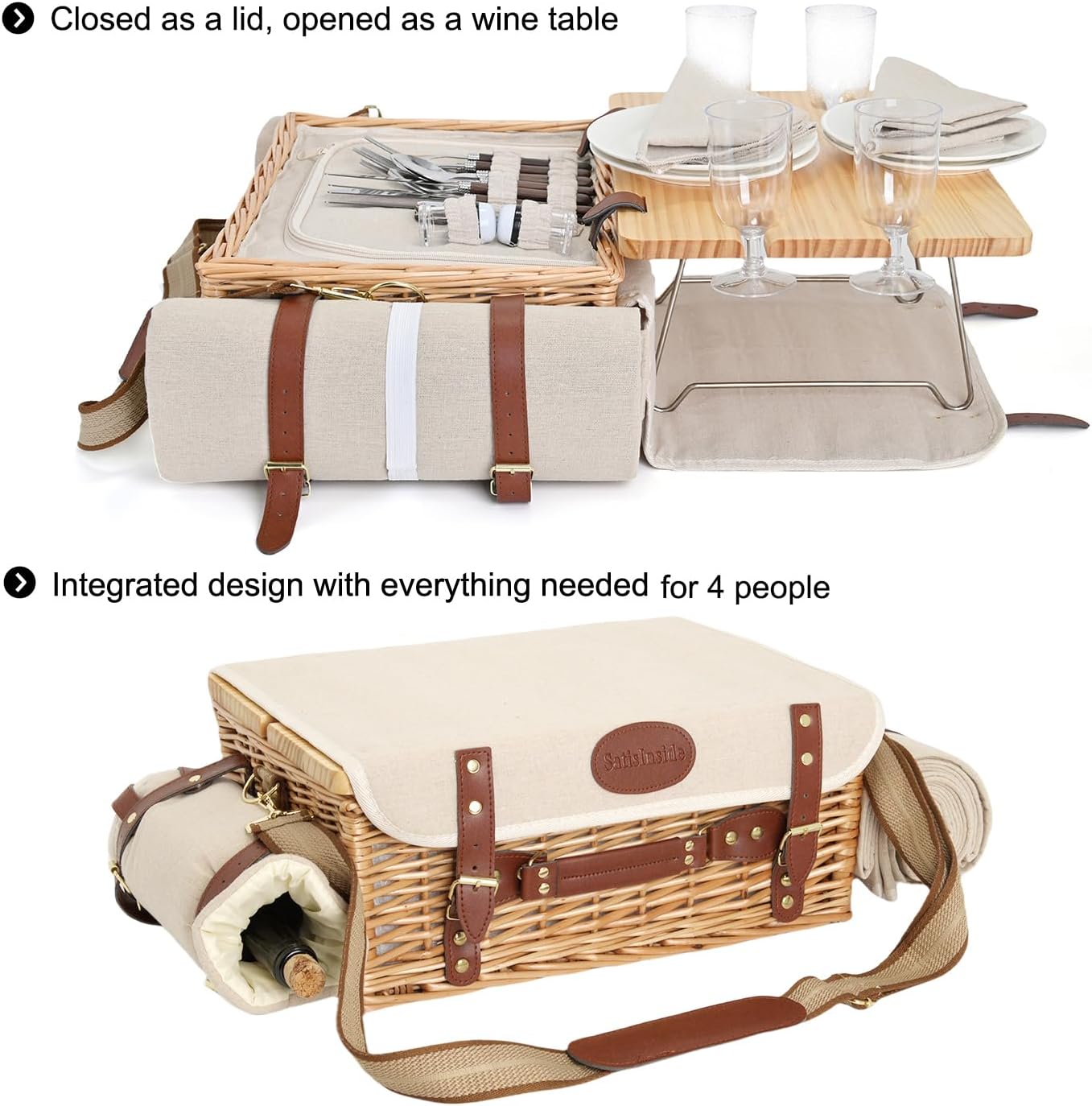 Detalle 2 de SatisInside Versatile picnic set for 4- natural 4人用柳編みピクニックバスケット、断熱仕様・テーブル付き
