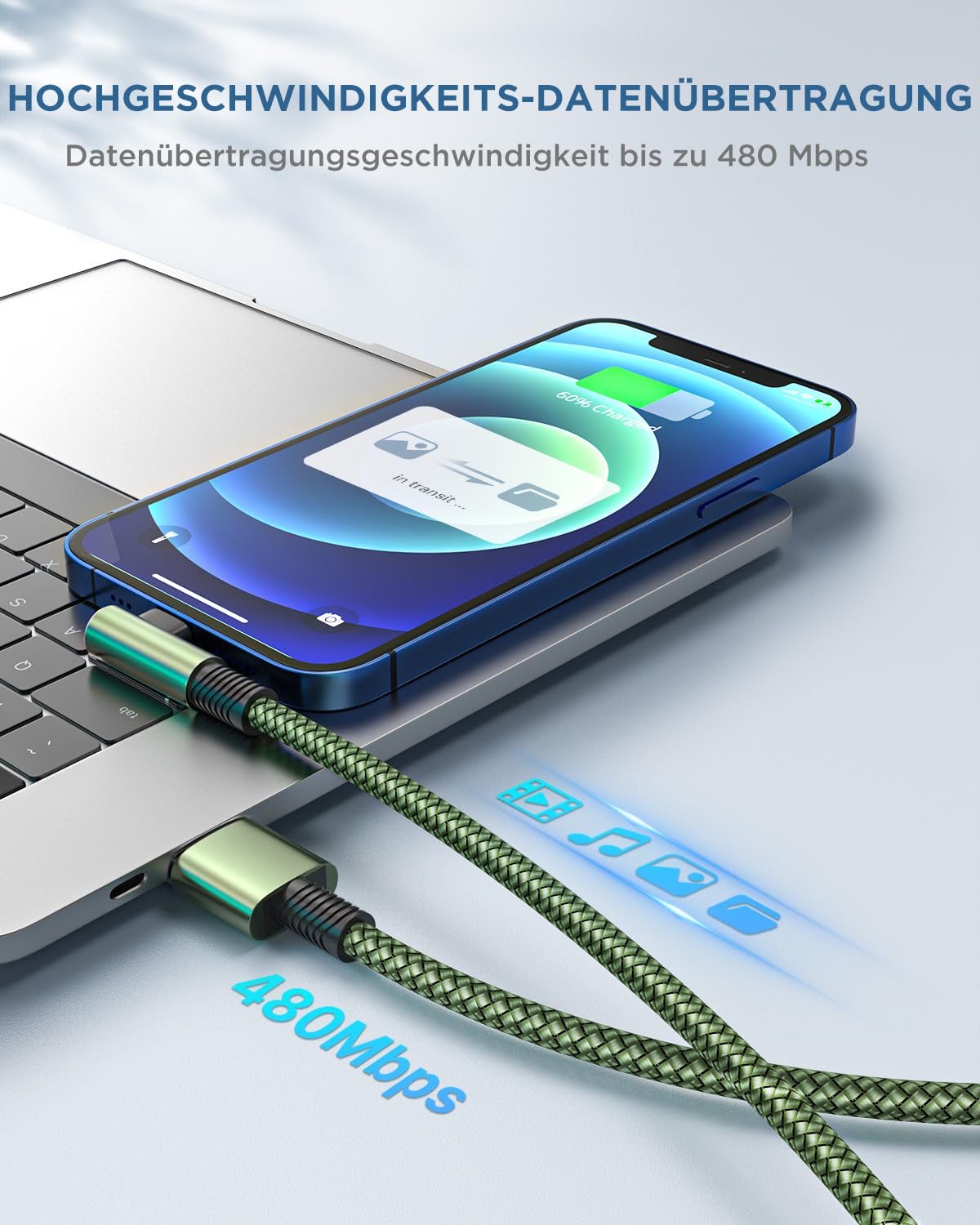 Detalle de Yosou Lightning Ladekabel (90°) mit MFi-Zertifizierung – 3er Set, je 2 m