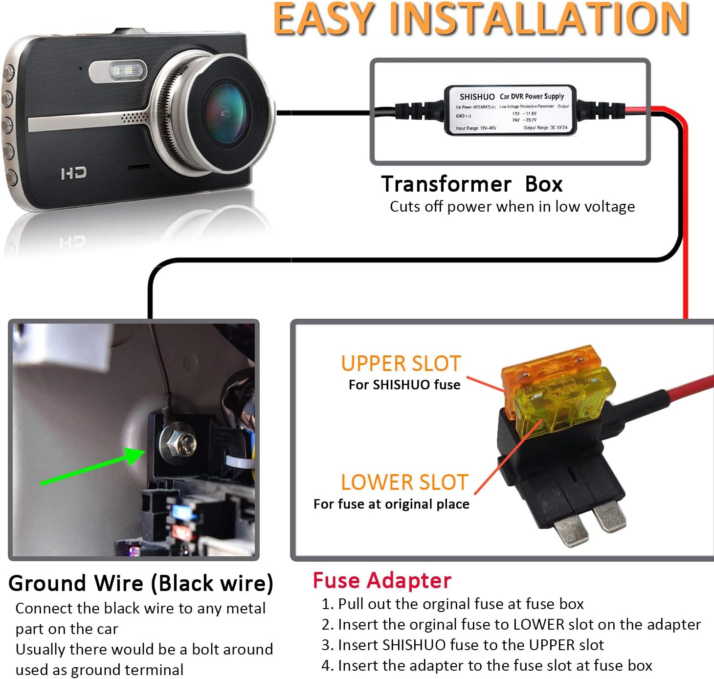 Detalle de SHISHUO Hardwire Kit for Dash Cams (4m cable, Mini USB & Micro USB ports, battery drain protection)