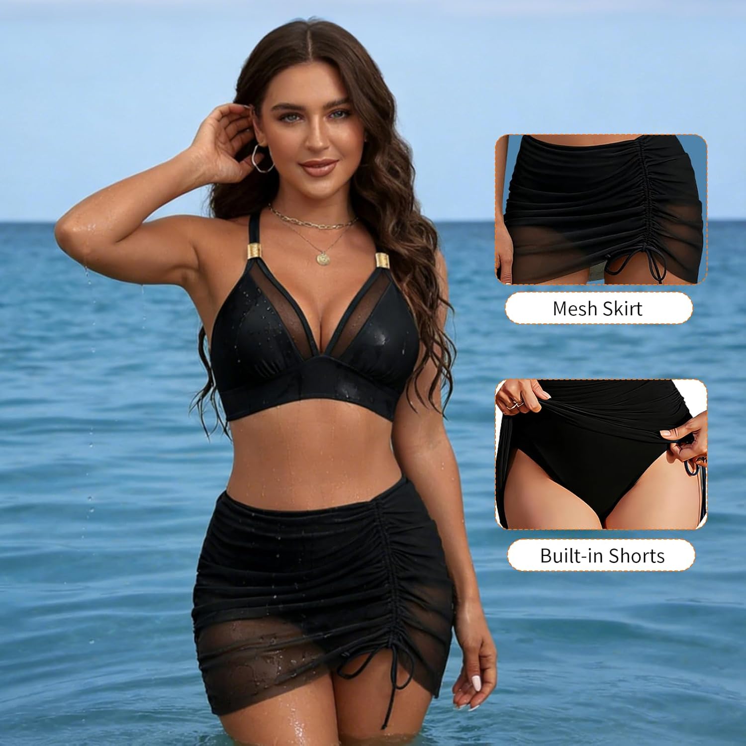 Detalle de GOZINA Women's Two Piece V-Neck Mesh Bikini Set with Adjustable Straps and Built-in Shorts