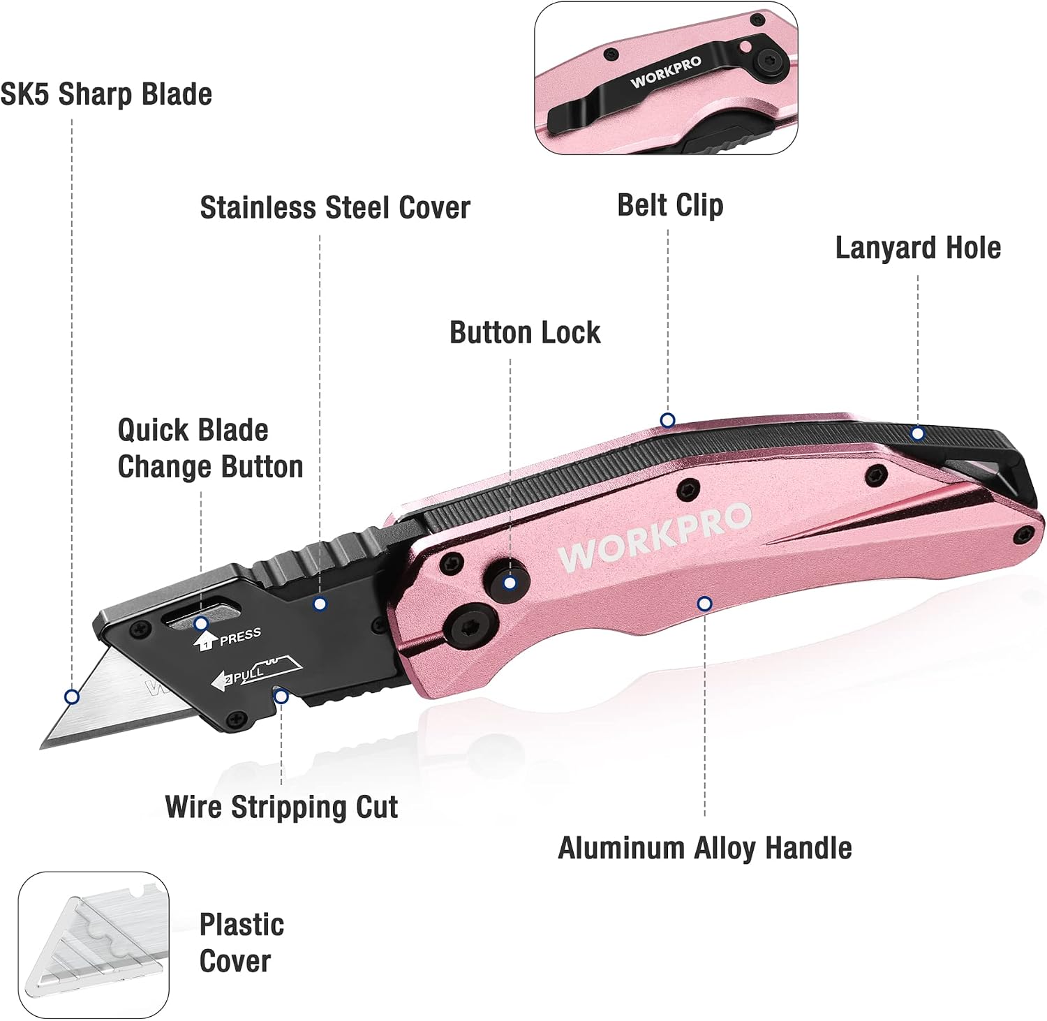 Detalle de WORKPRO Cutter Professionnel Pliant rose avec mécanisme de changement rapide et 10 lames SK5