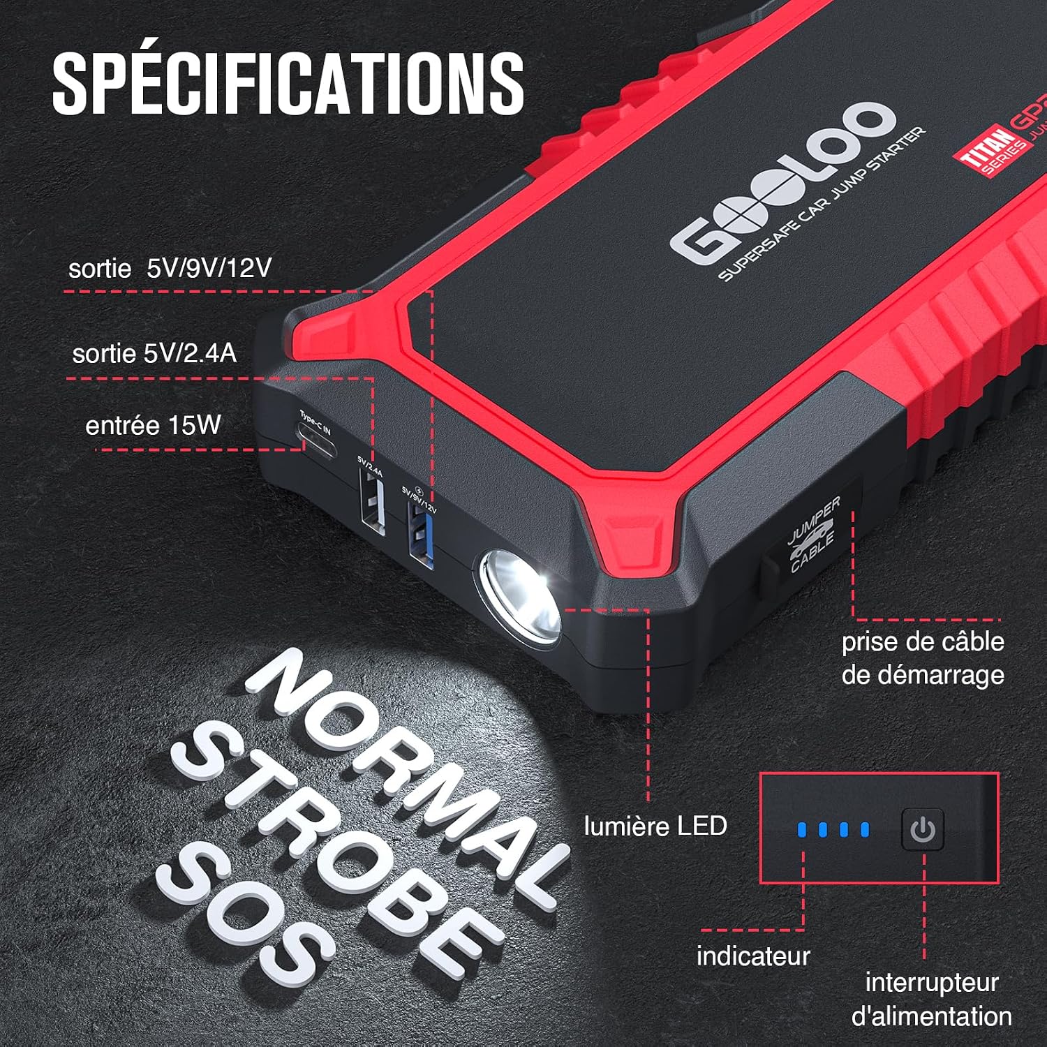 Detalle 2 de GOOLOO GP2000 Booster Batterie Voiture 12V 2000A avec pinces sécurité intelligentes, lampe LED et sorties charge rapide 3.0