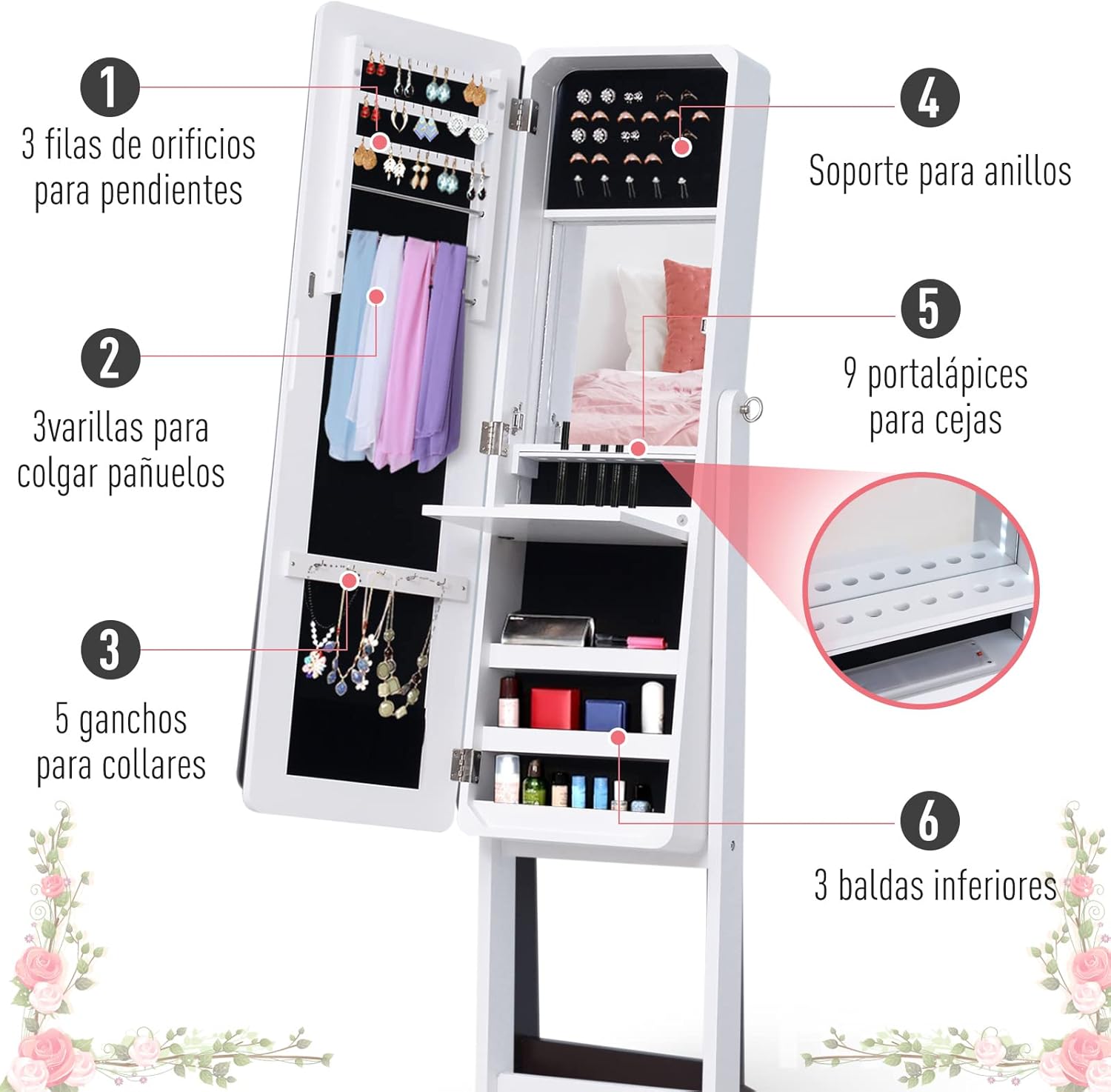 Detalle de HOMCOM joyero de pie con espejo y luces LED reclinable (30x36x146 cm) para anillos, pendientes y collares