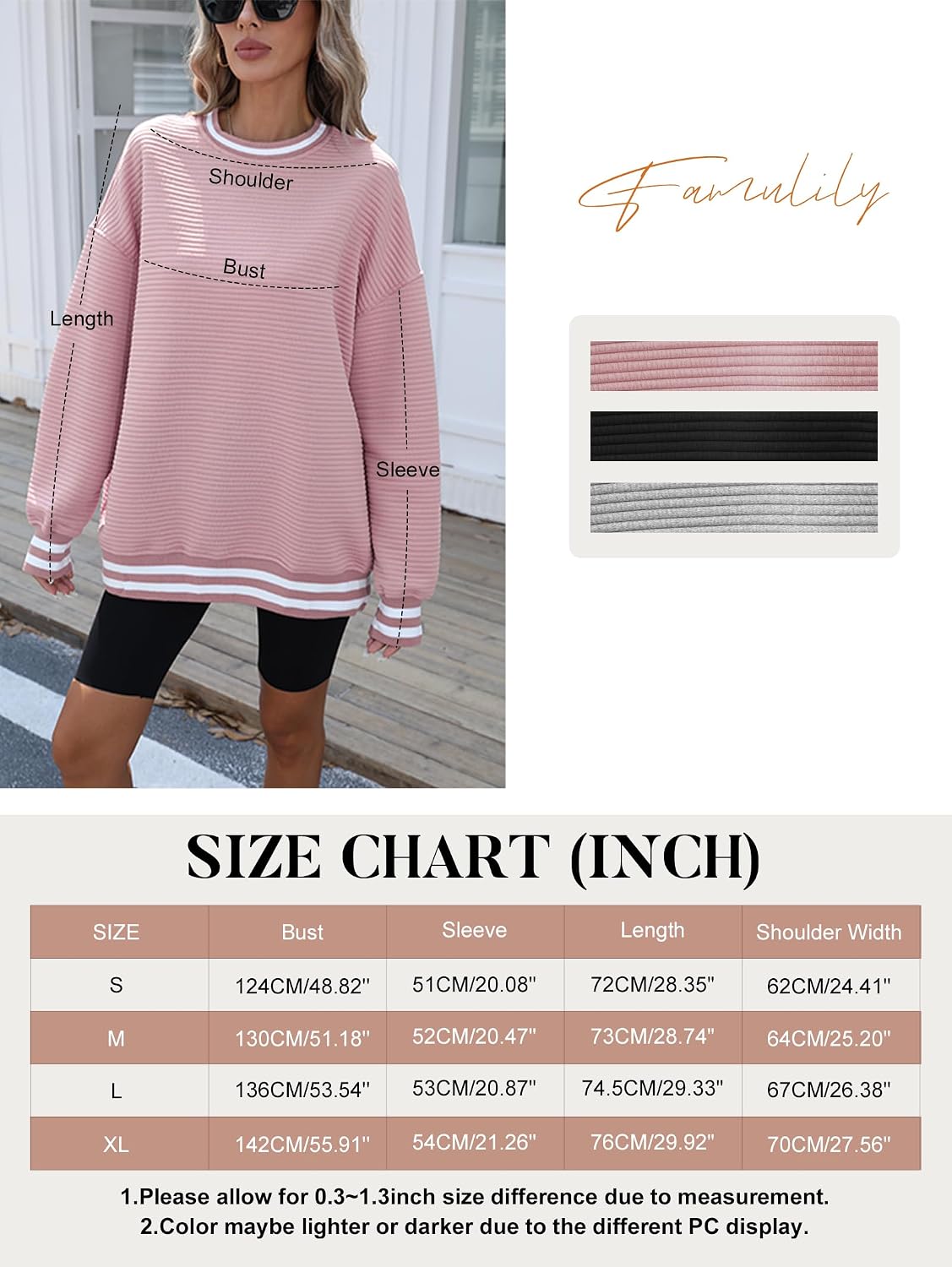 Detalle de Famulily Women's Oversized Striped Cropped Crewneck Sweatshirt – Fall / Winter