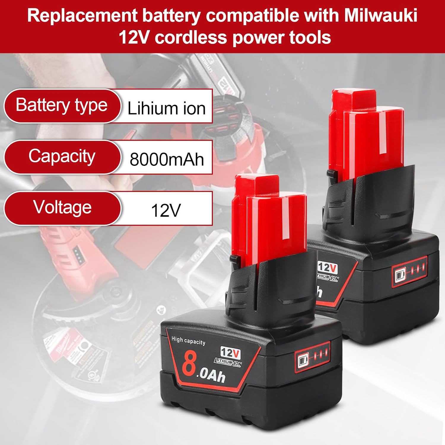 Detalle de Powarobor 2 Pack M12 12V 8.0Ah Li-Ion – Batterie de remplacement compatible Milwaukee 12V