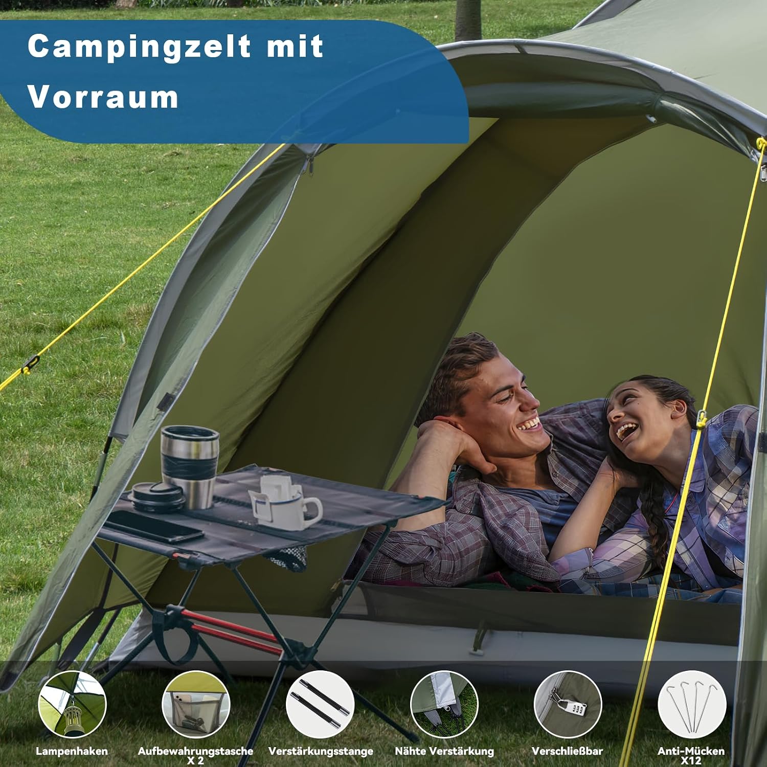 Detalle de Zelt 2-4 Personen mit Vorzelt – Ultraleichtes Kuppelzelt für Camping, Trekking und Festival 2026 Upgrade