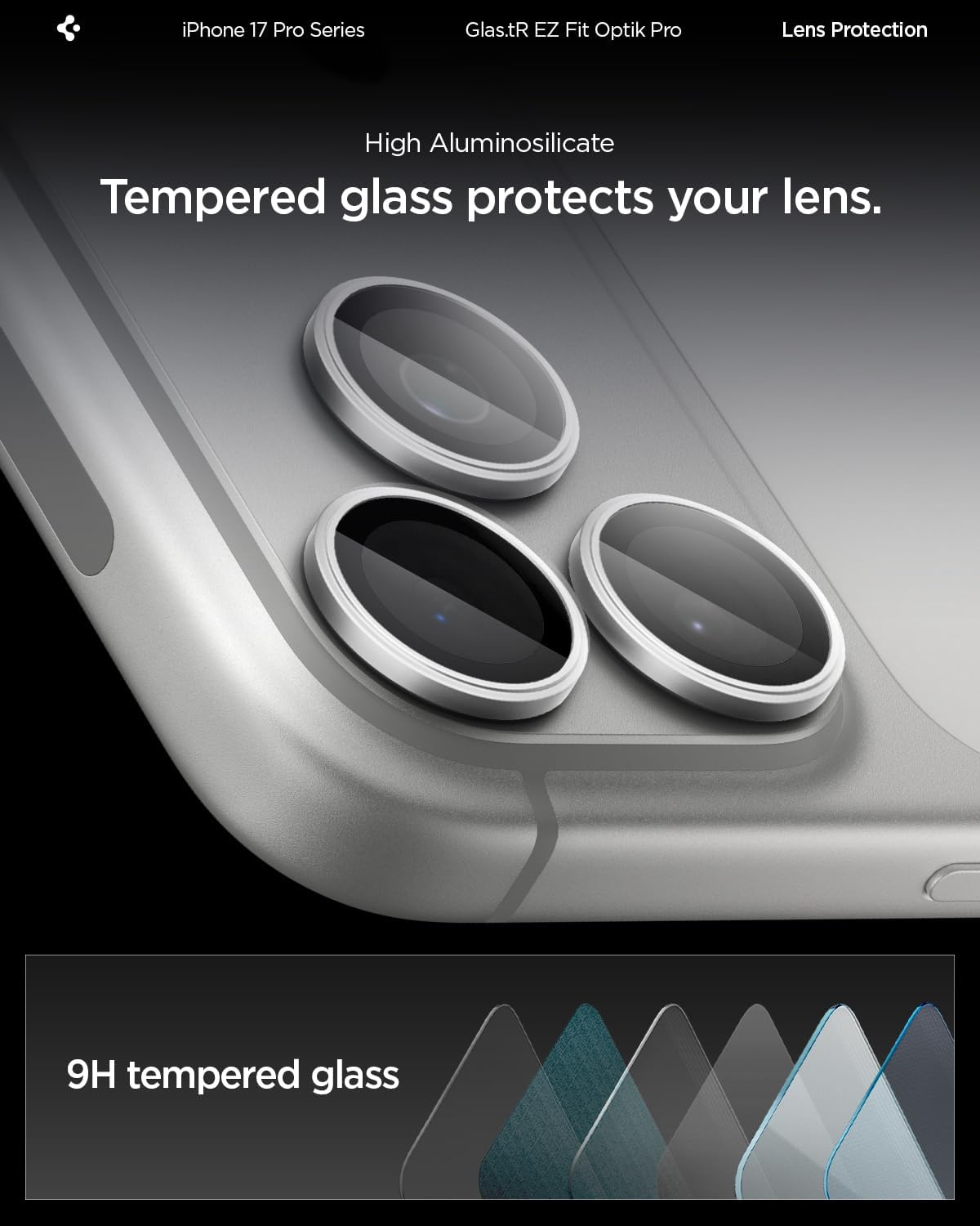 Detalle 2 de Spigen Glas.tR EZ Fit Optik Pro Protection caméra pour iPhone 17 Pro / 17 Pro Max (2 pièces) – argent