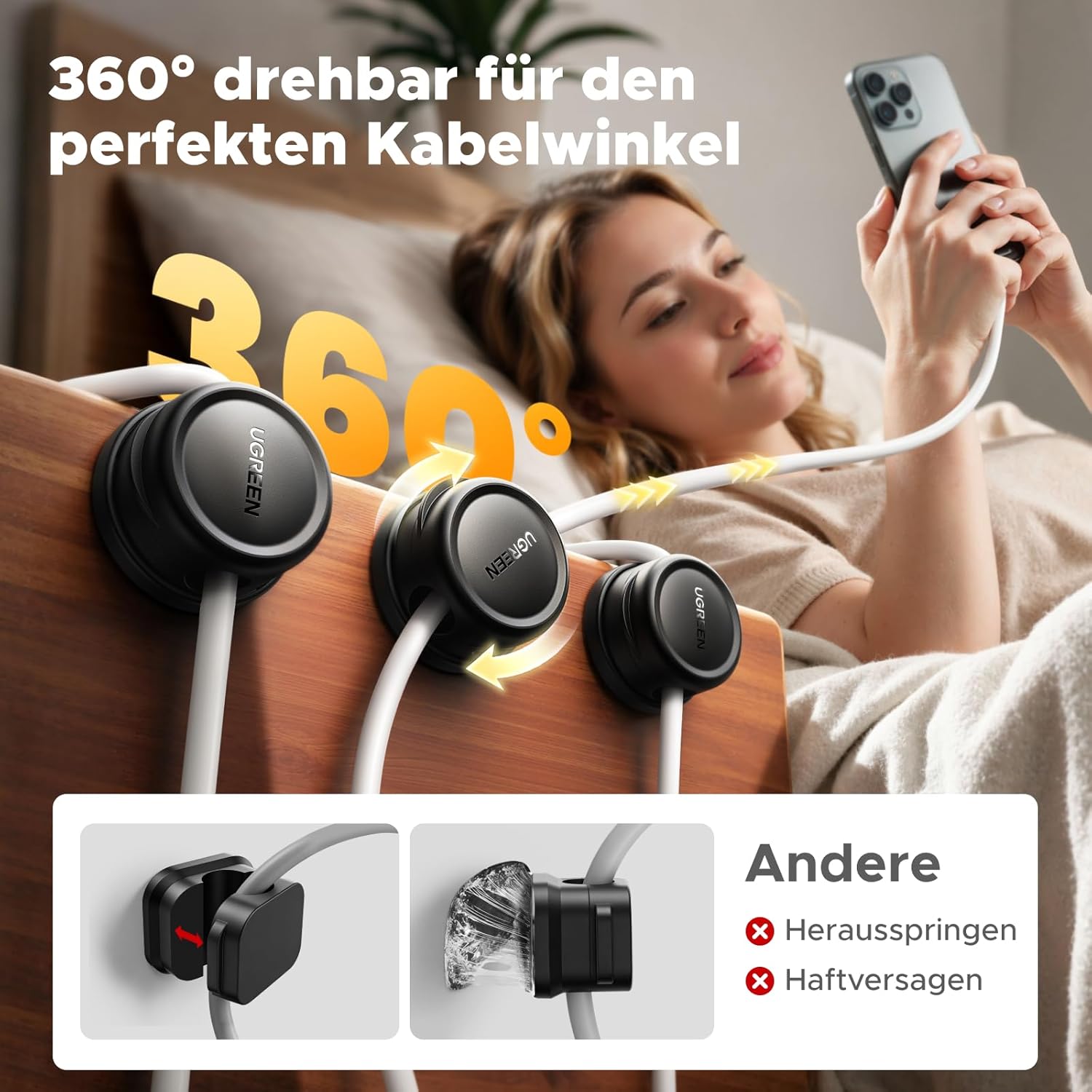 Thumbnail 1 de UGREEN 6er Set magnetische Kabelhalter (360° drehbar) mit Selbstklebung – Kabelclips für Kabel bis 7,5 mm