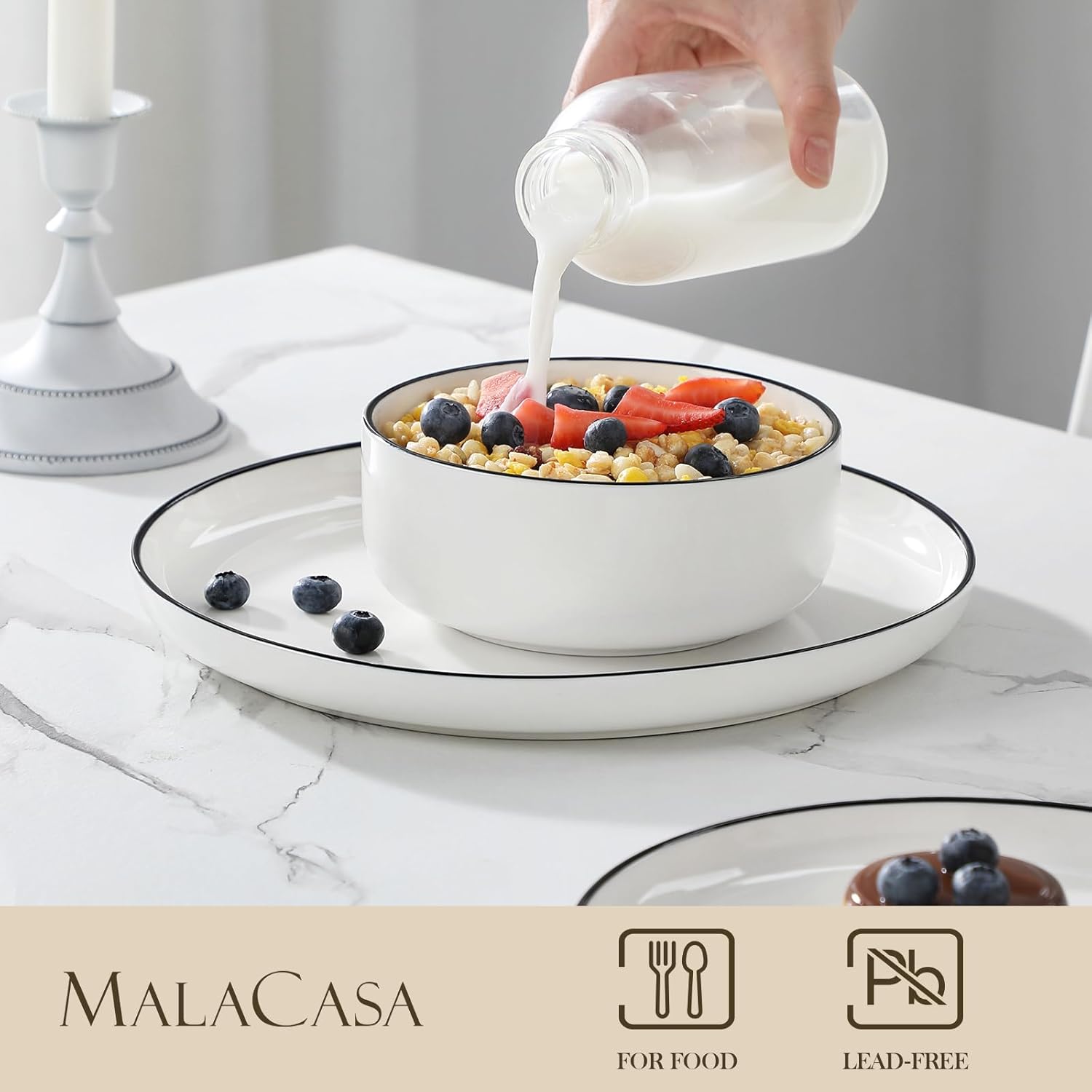 Thumbnail 2 de MALACASA Luna 24-Piece Porcelain Dinnerware Set (Plates and Bowls for 8), White with Black Rim