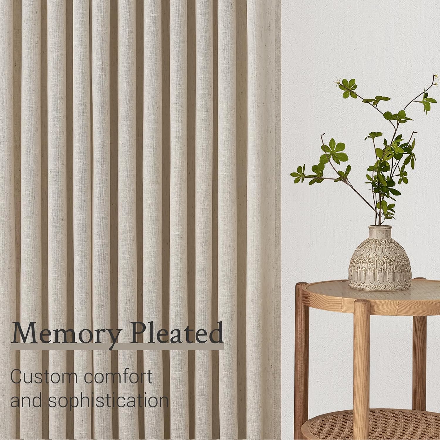 Detalle de Topfinel Oatmeal Beige Pinch Pleated Curtains (84-inch) — 2-Panel Set, Stone-Washed Linen Blend