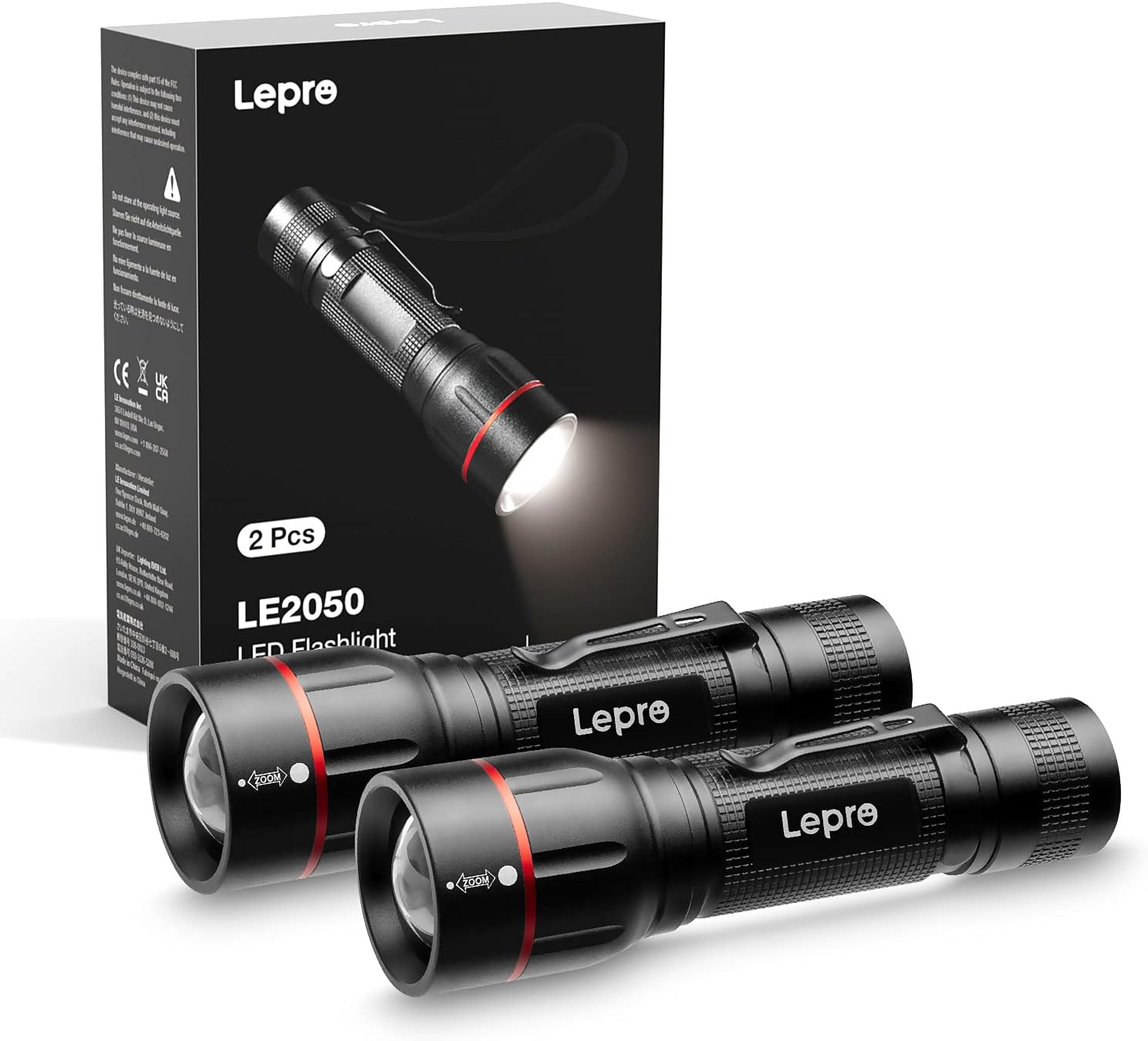 Detalle de Lepro LE2050 LED Torch 5 Modes, Zoomable, 2 Pack 🔦