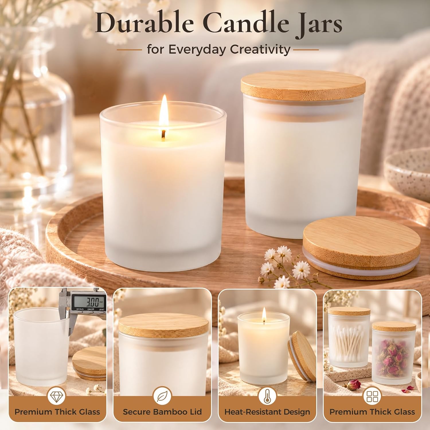 Detalle de CONNOO JLZG-008 7 oz Frosted Glass Candle Jars with Bamboo Lids, 15-Pack