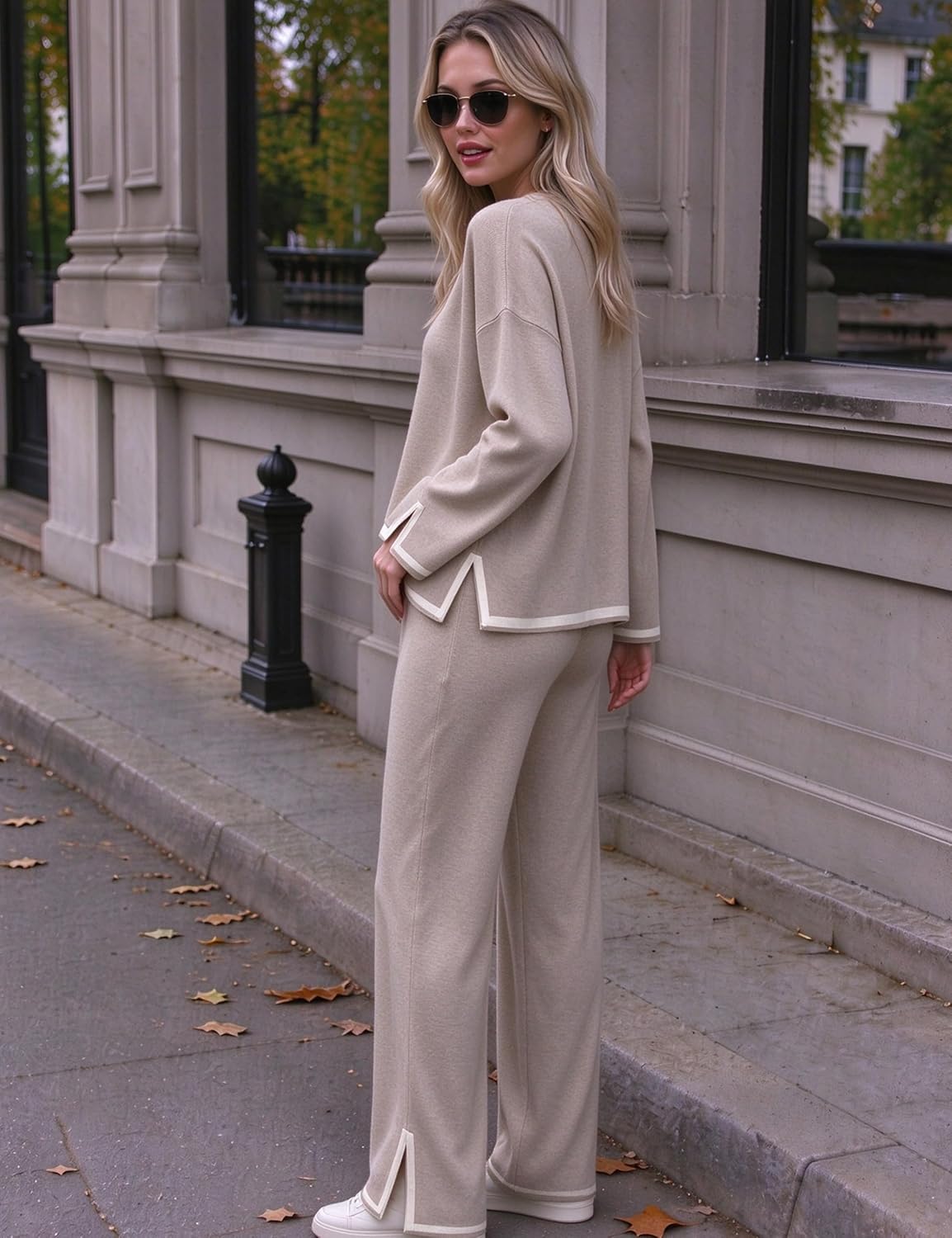 Detalle de Tanming W101112C Women's Knit Lounge Set with Long-Sleeve Top and Wide-Leg Pants