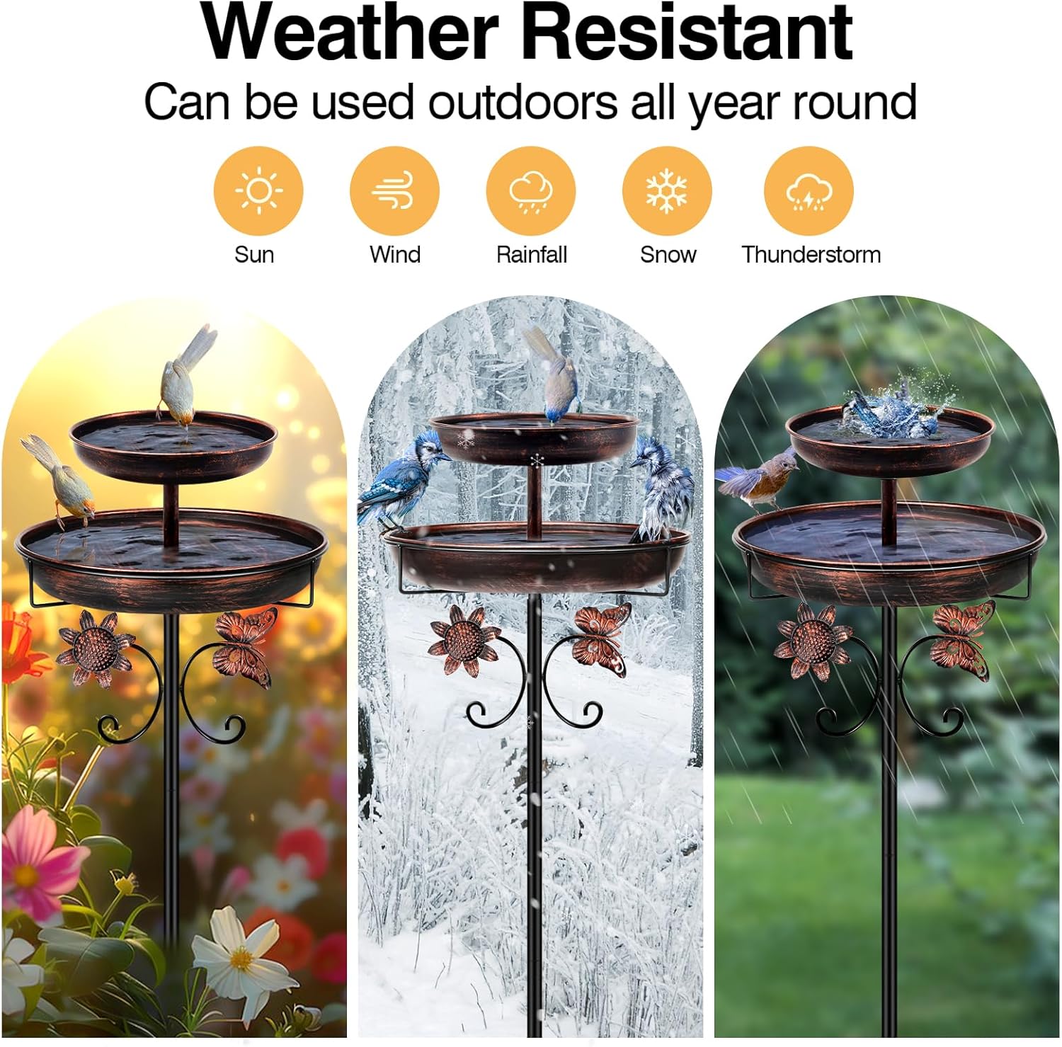 Thumbnail 5 de Metal Double Bird Bath & Feeder, 42in Freestanding Outdoor Birdbath (Antique Bronze) with 5-Pronged Base