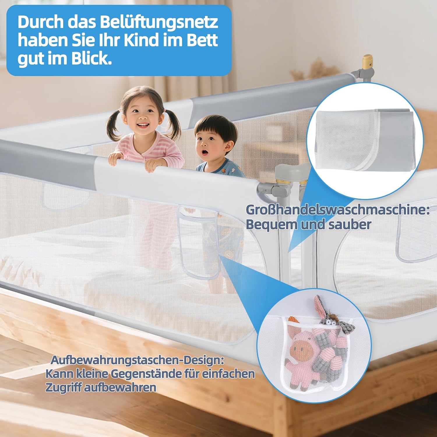 Detalle de OUUTMEE Bettschutzgitter 200 cm – Rausfallschutz für Kinder, klappbar, Höhenverstellbar, Grau-Weißes Blockmuster