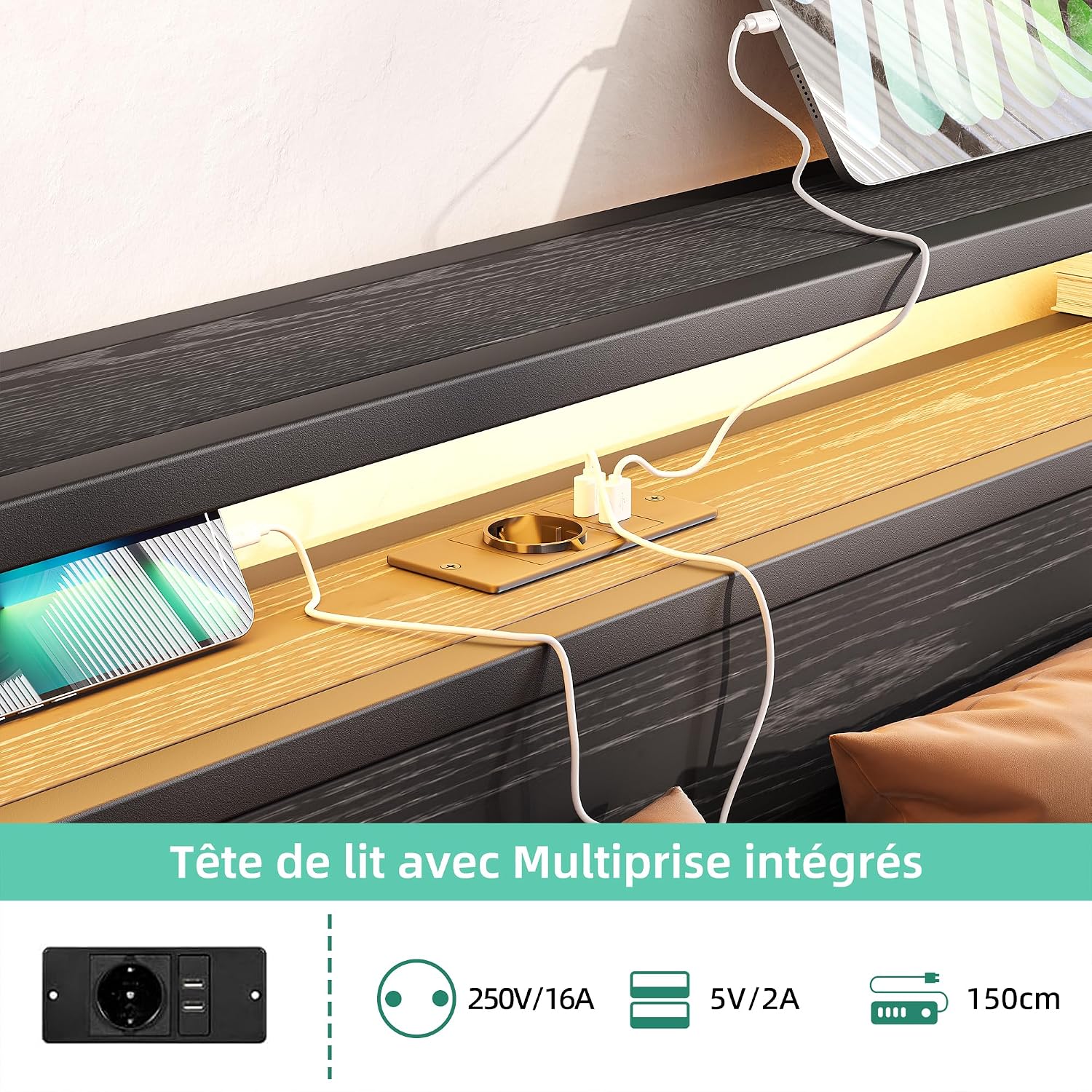 Thumbnail 6 de BORPHOM Letto in metallo e legno 90x200 cm con ricarica USB-C e vano portaoggetti