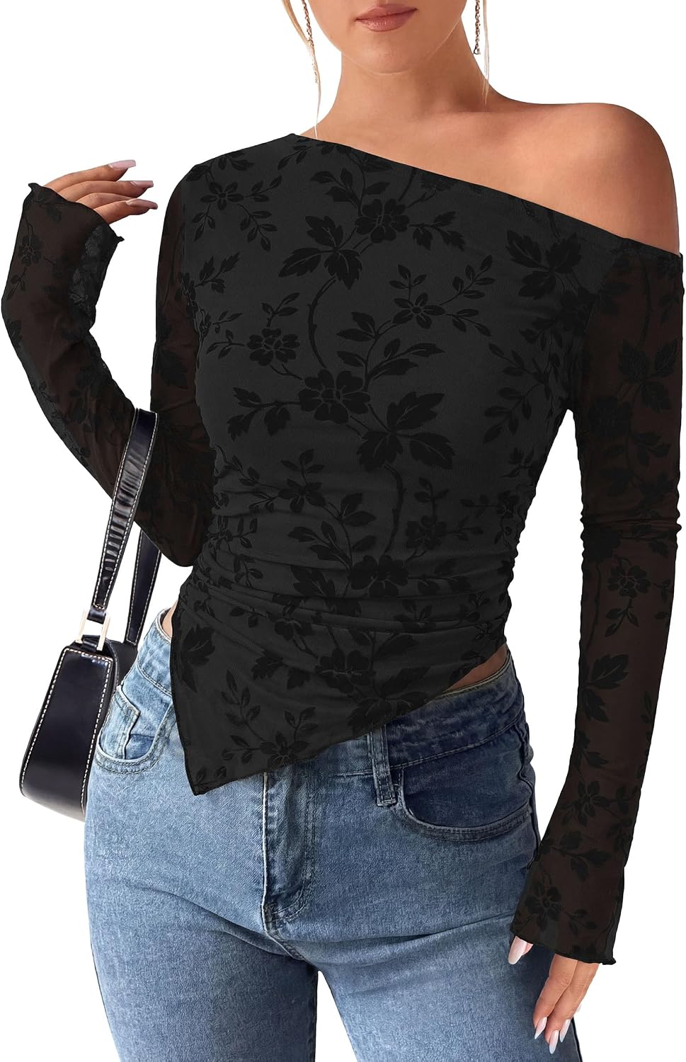 Detalle de PRETTYGARDEN Off-Shoulder Mesh Top, Long Sleeves, Floral Tie-Dye, Asymmetrical Hem