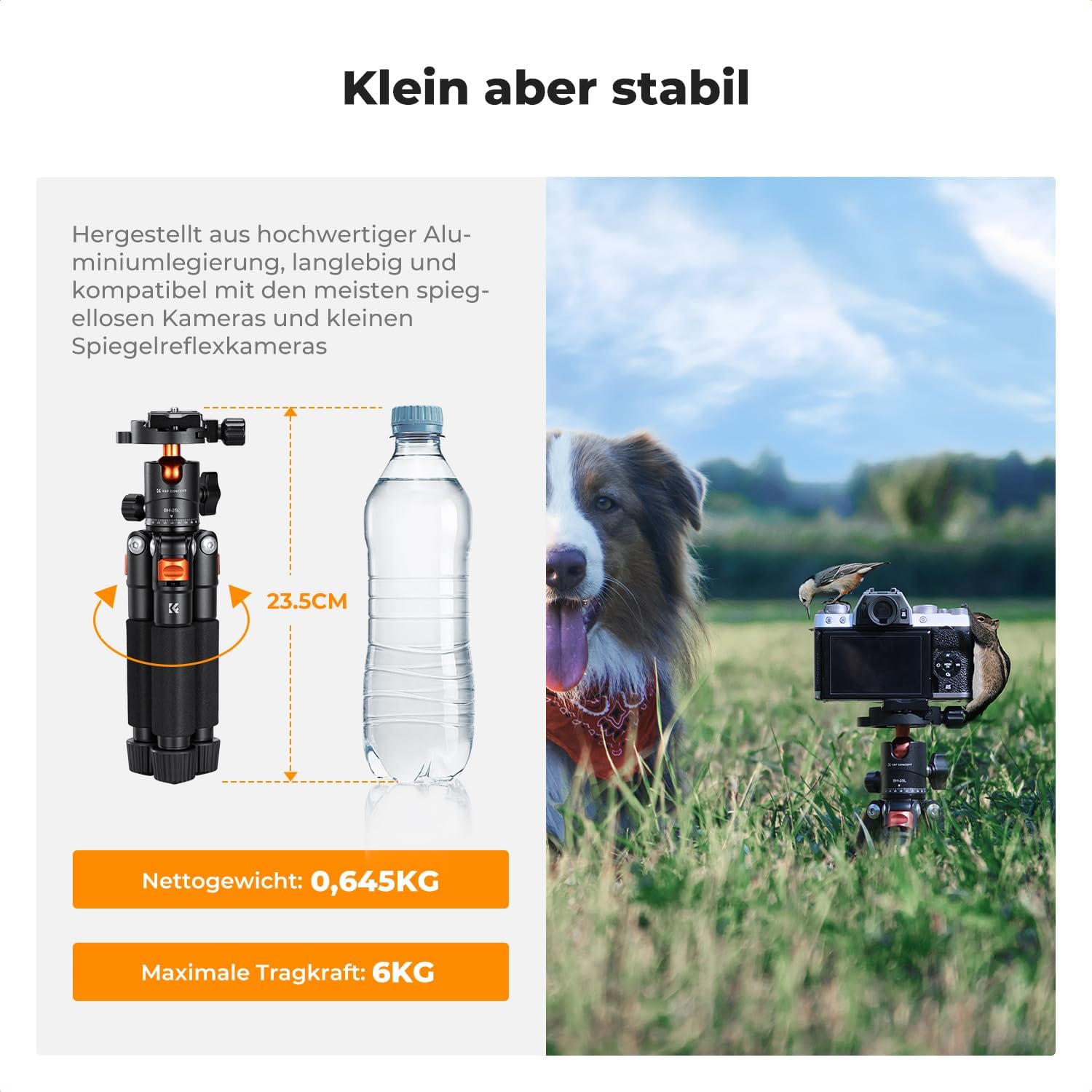 Thumbnail 2 de K&F CONCEPT Mini Stativ (55 cm) aus Aluminium mit 360° Kugelkopf – faltbar, 1/4“-Platte, max. 6 kg