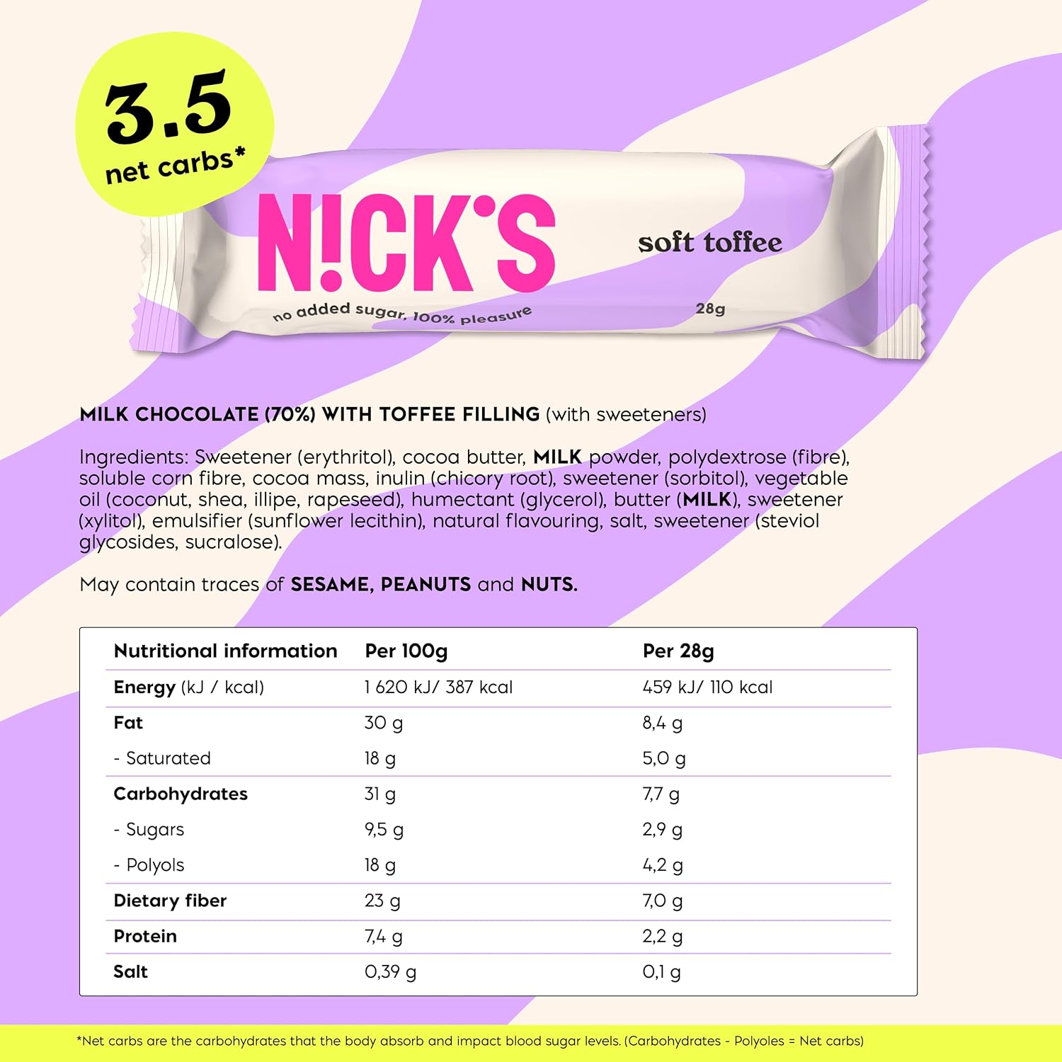 Detalle 2 de N!CK'S Soft Toffee Keto Milk Chocolate Bars, 15 x 28g, No Added Sugar