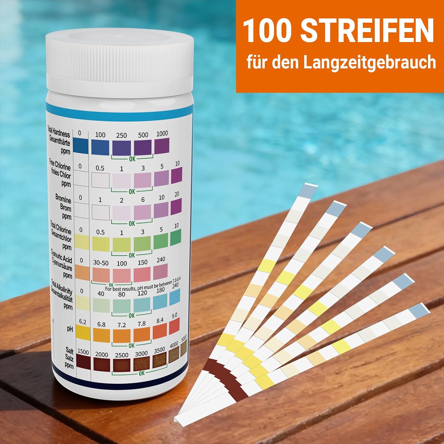 Thumbnail 5 de AKSBTEC 8-in-1 Pool-Teststreifen – Salzgehalt, pH, Chlor & mehr (100 Stück)