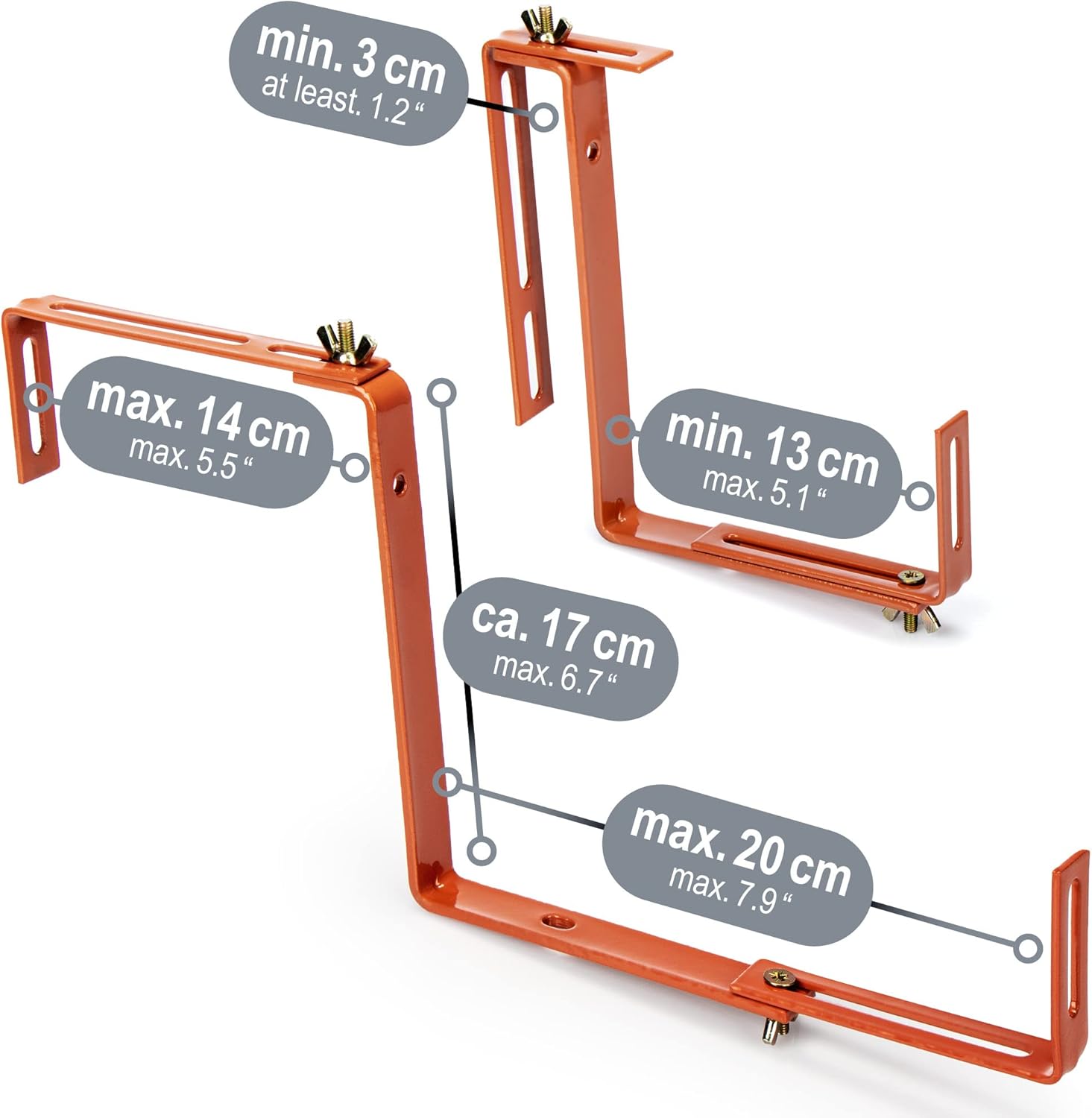 Thumbnail 5 de com-four® set da 4 supporti per fioriere da balcone con attacco flessibile, regolabili in 2 direzioni (marrone chiaro)