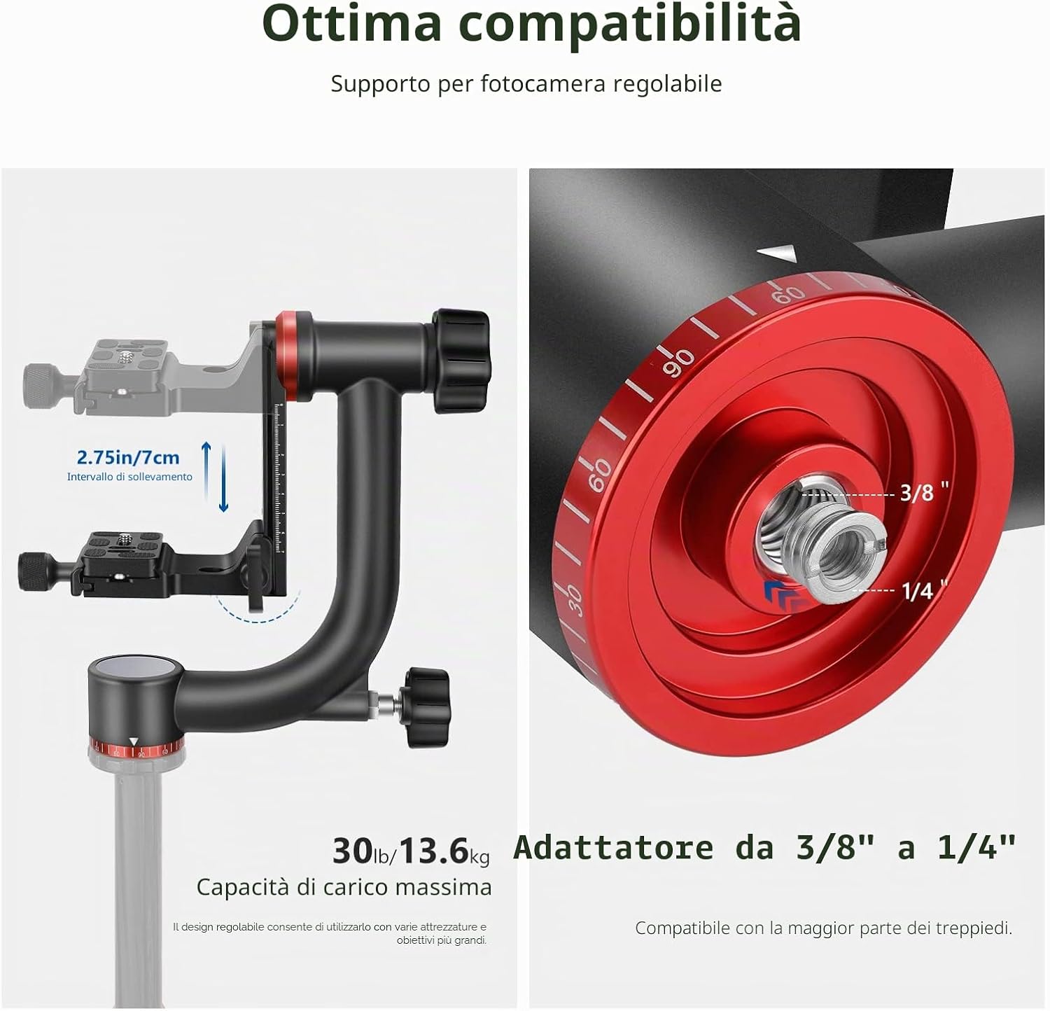 Detalle de NEEWER GM101: testa per treppiede gimbal con piastra Arca e base girevole 360° per DSLR