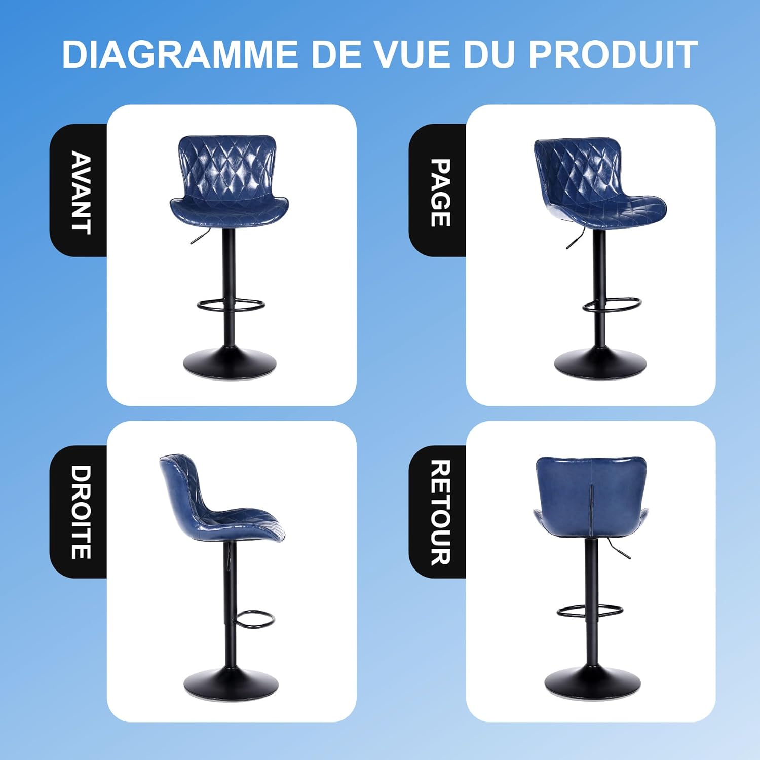 Thumbnail 6 de Youhauchair Tabouret Bar Lot de 2 en Cuir Imperméable – Hauteur Réglable, Pivotants, Dossier et Repose-Pieds, Bleu