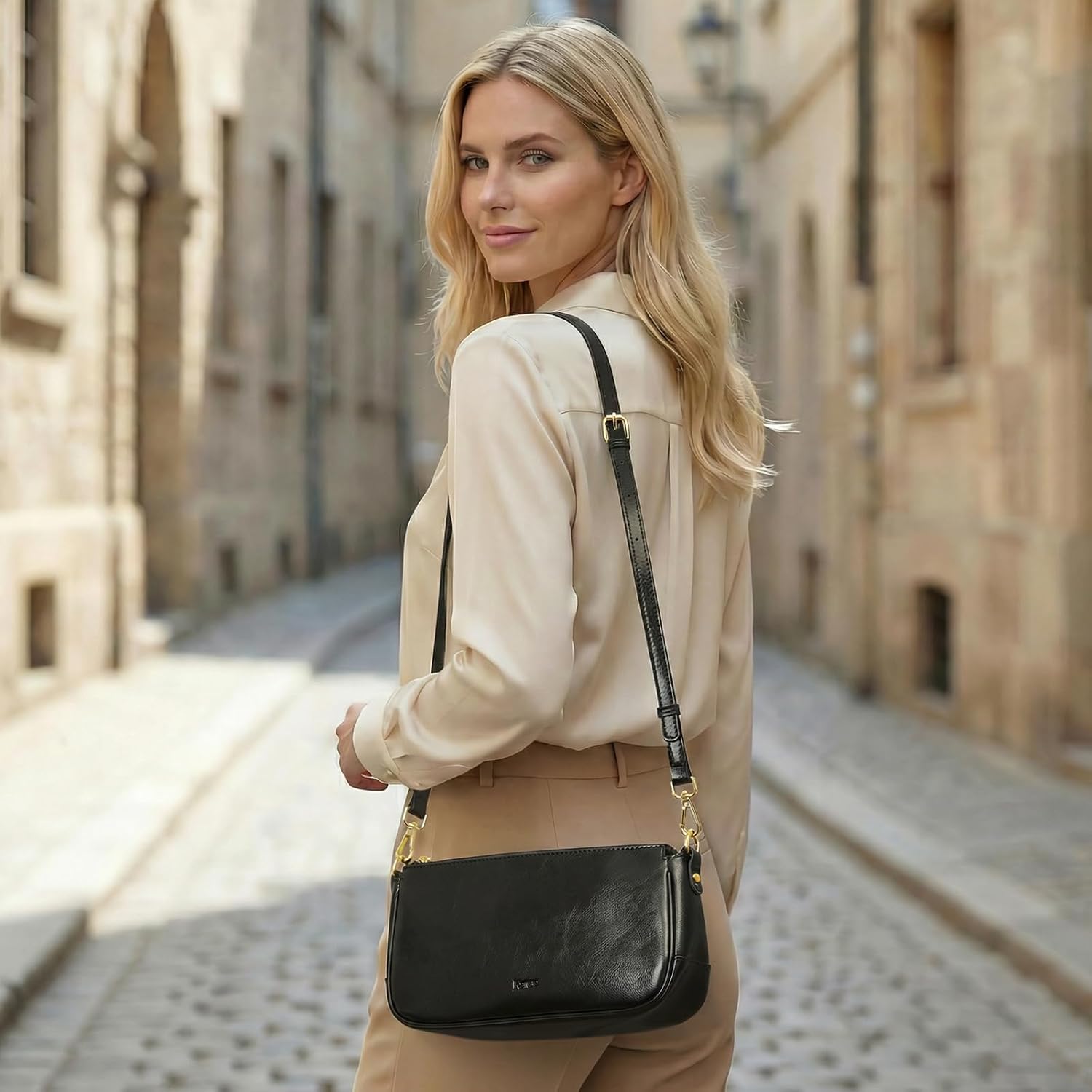 Detalle de Kattee Sac à bandoulière en cuir pour femme – petit sac clair avec bandoulière amovible