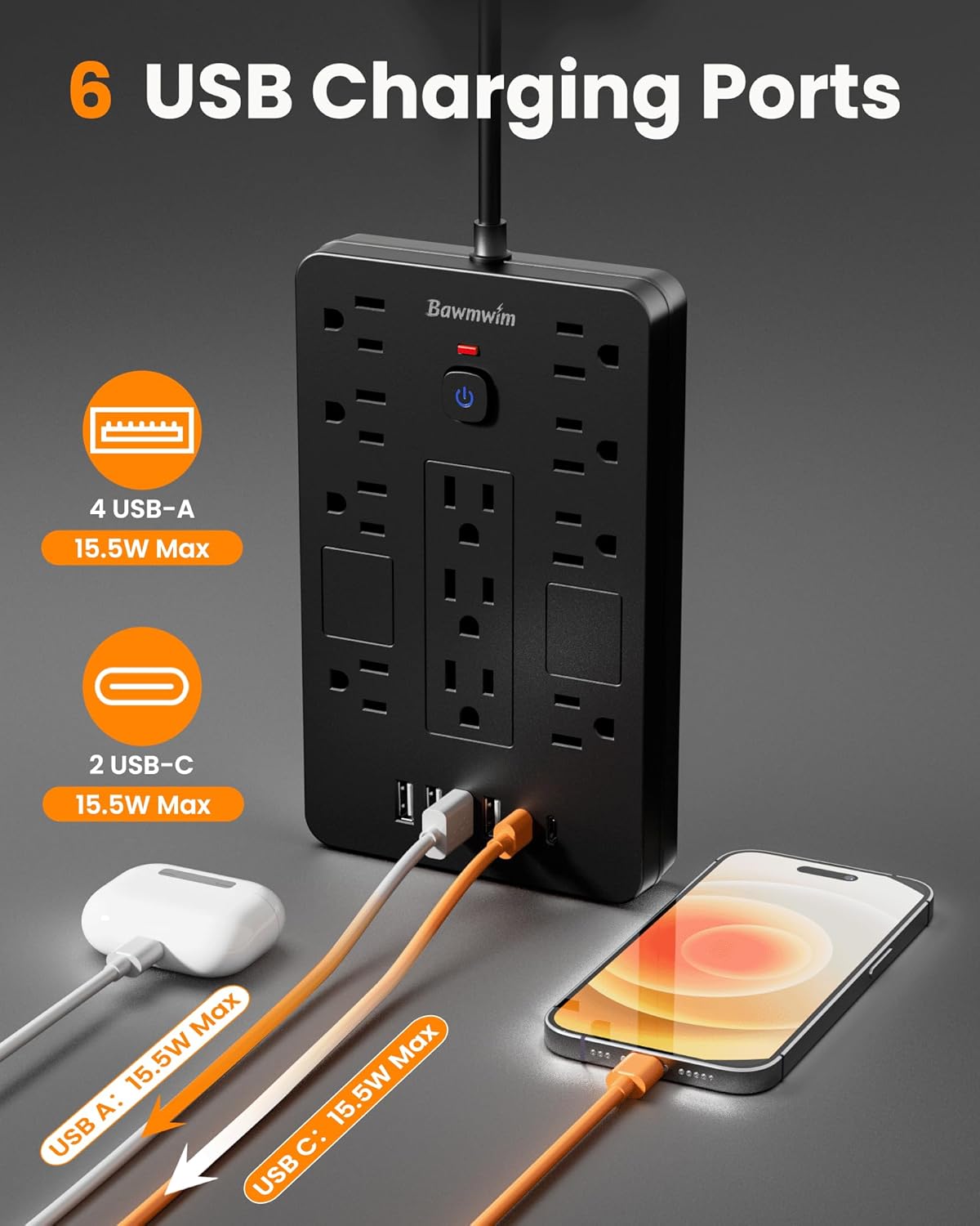 Detalle de Bawmwim Surge Protector Power Strip: 8 Outlets, 6 USB Ports, 6ft Flat Plug, ETL Listed