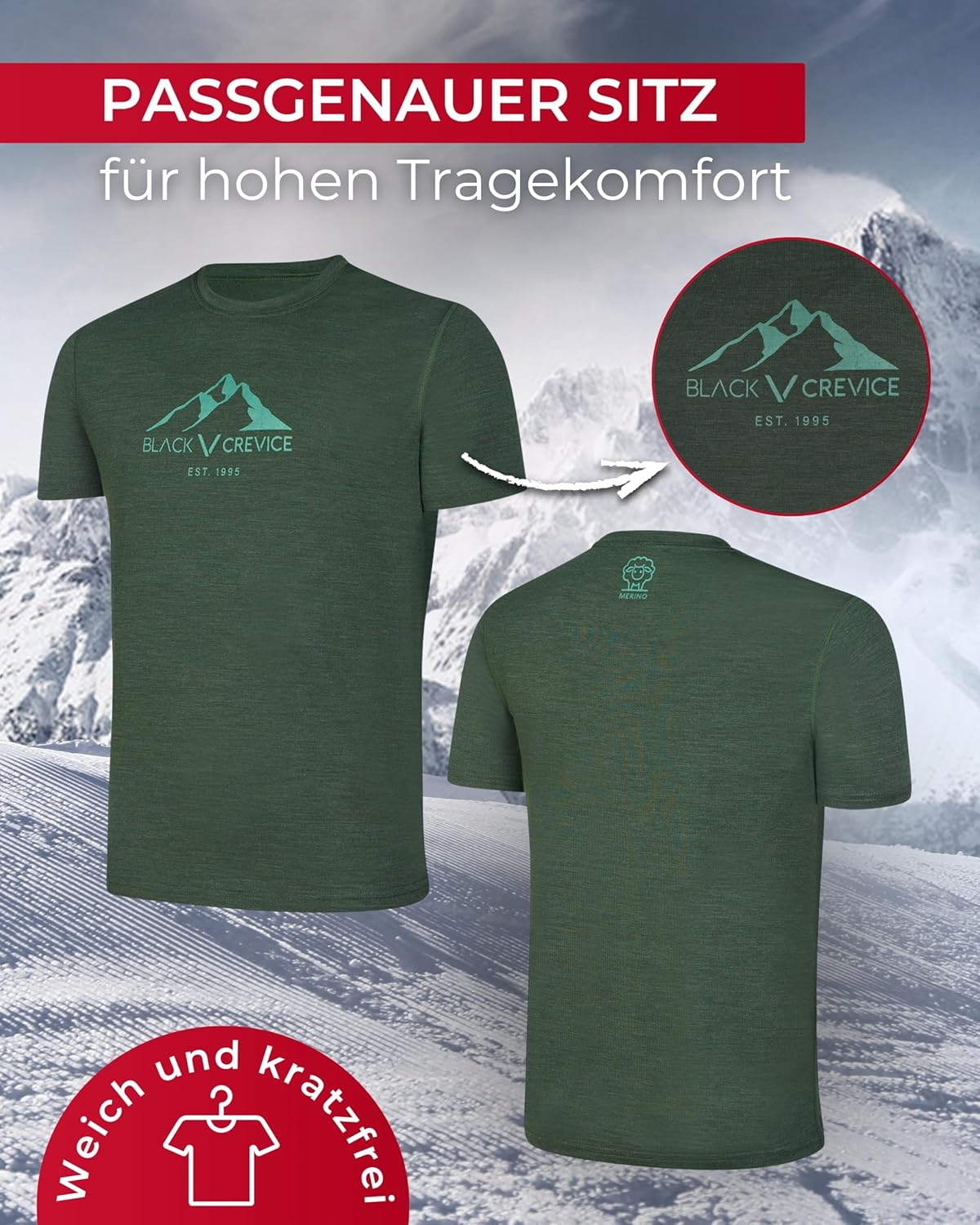 Thumbnail 3 de Black Crevice Herren Merino T-Shirt