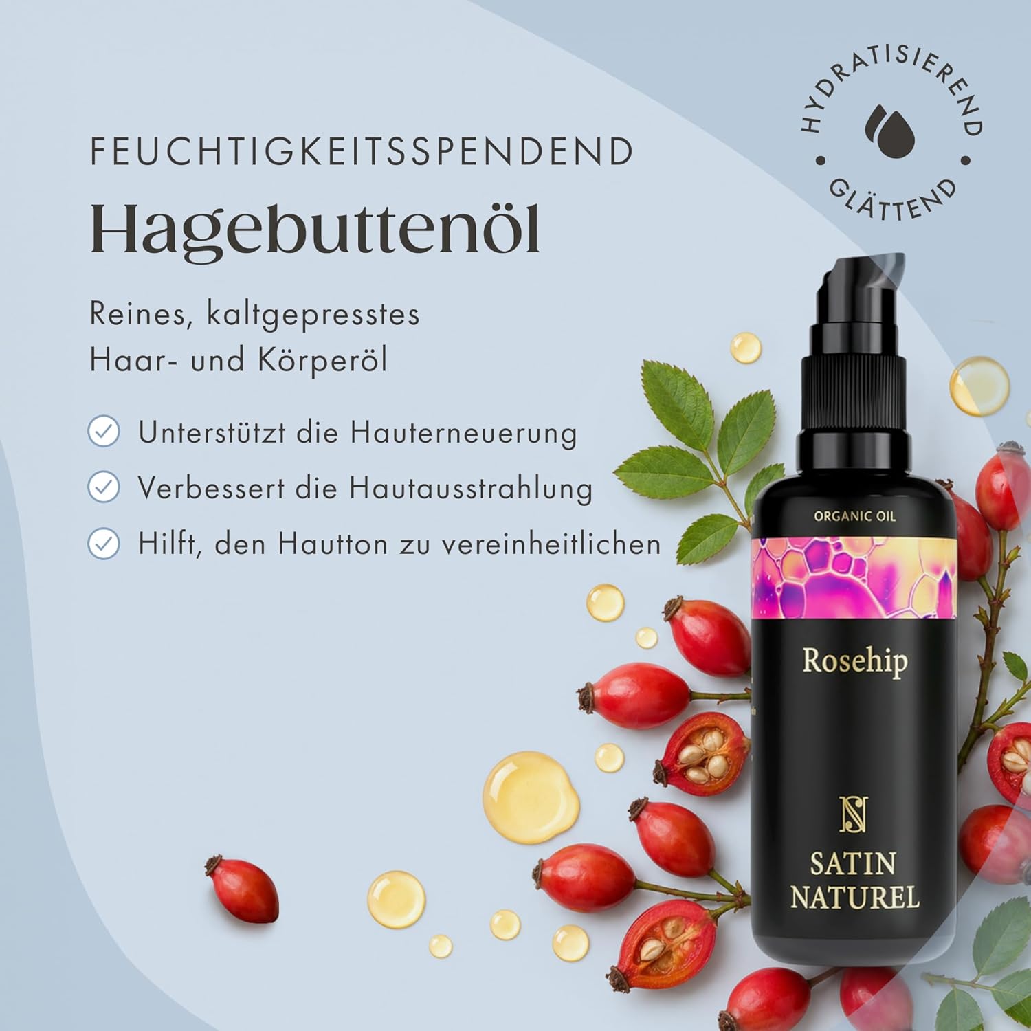 Detalle 2 de Satin Naturel BIO Rosenöl (Wildrosenöl) 50 ml – kaltgepresstes Hagebuttenkernöl für Gesicht, Körper, Haare