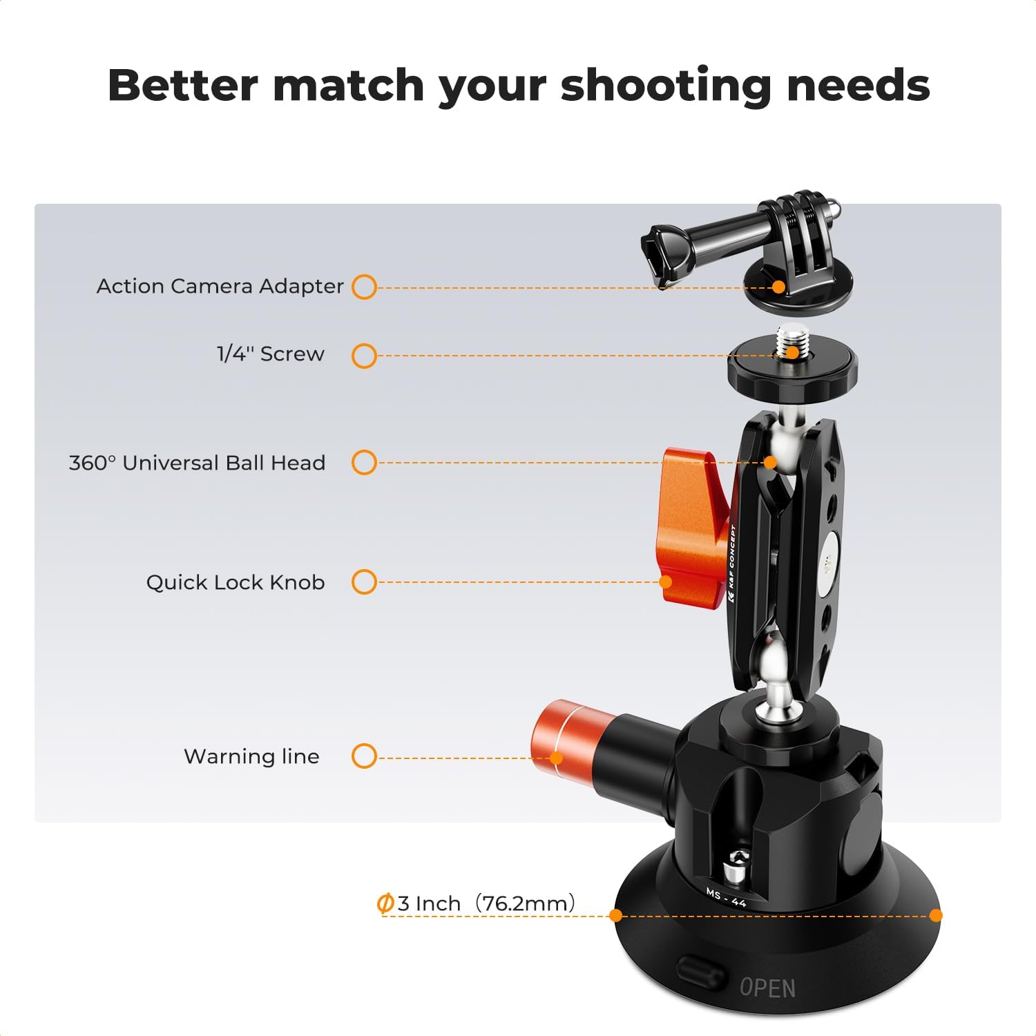 Detalle 1 de K&F CONCEPT 3" Supporto a ventosa per action cam e smartphone