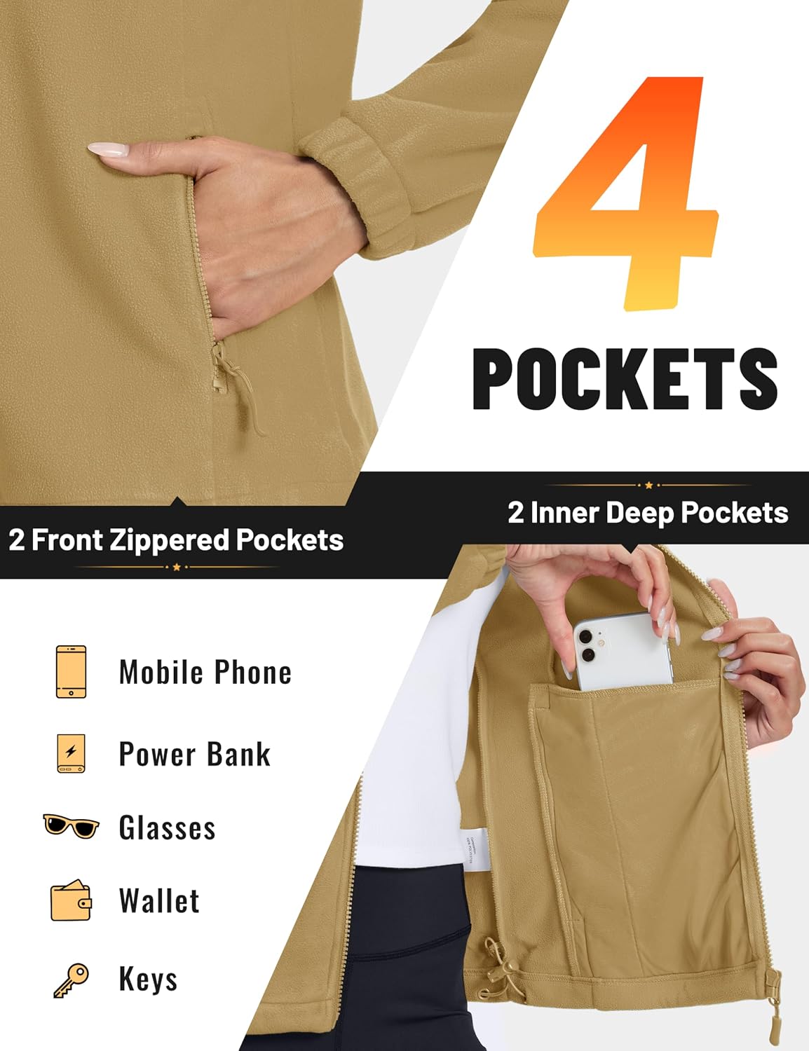 Detalle 2 de TACVASEN Women's Fleece Jacket, Full-Zip, Four Pockets, Elastic Cuffs