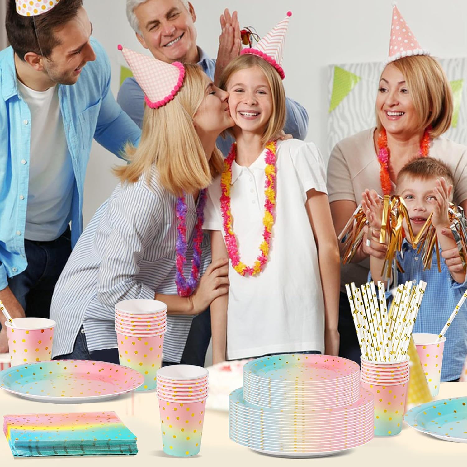 Thumbnail 6 de Nkaiso Partygeschirr-Set Regenbogen, 120-teilig (bis zu 24 Gäste) – Papier-Partygeschirr für Kindergeburtstag & Feiern