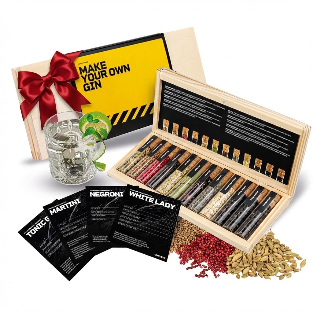 DIBYS Gin-Gewürze-Set Mini – 12 Botanicals, 4 Rezeptkarten, Gewürzlexikon & Holzbox
